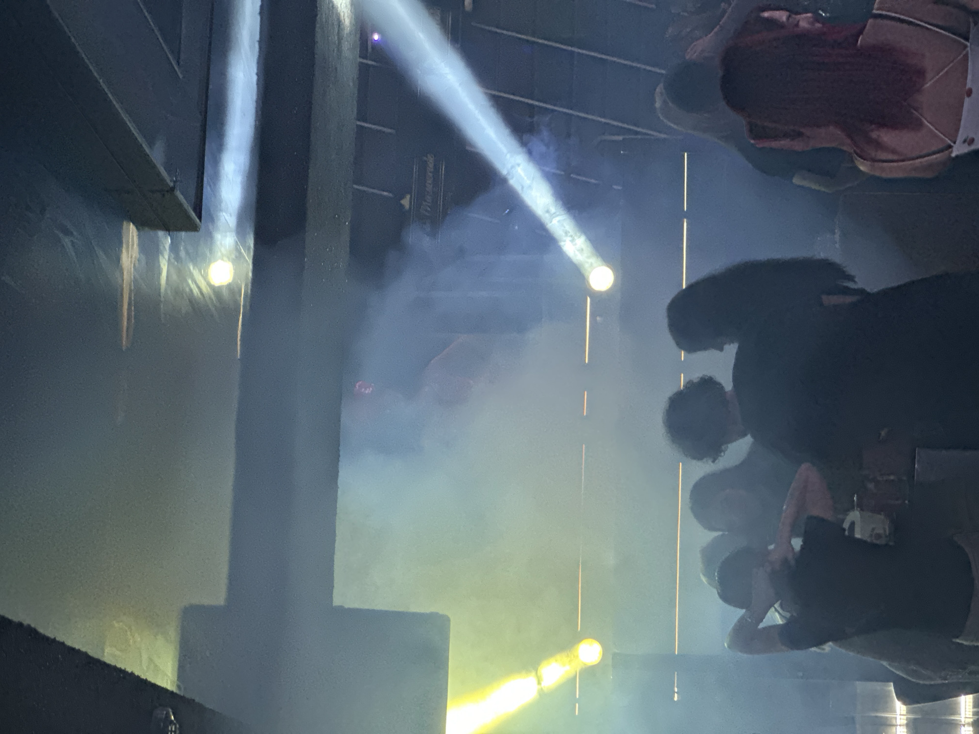 The image appears to be taken at a concert or performance. The setting is dark with artificial lighting in the form of spotlights and possibly stage lighting, with a hazy atmosphere likely due to smoke or fog effects.
Several individuals are visible, with a group of people in the foreground, their bodies largely obscured by the darkness and the focus of the camera. It’s difficult to make out details about their appearance. Above and to the right are a few people.
The background features an industrial or stage-like structure.
While there is no way to verify the location as Panagyurishte, Bulgaria with the available image content.