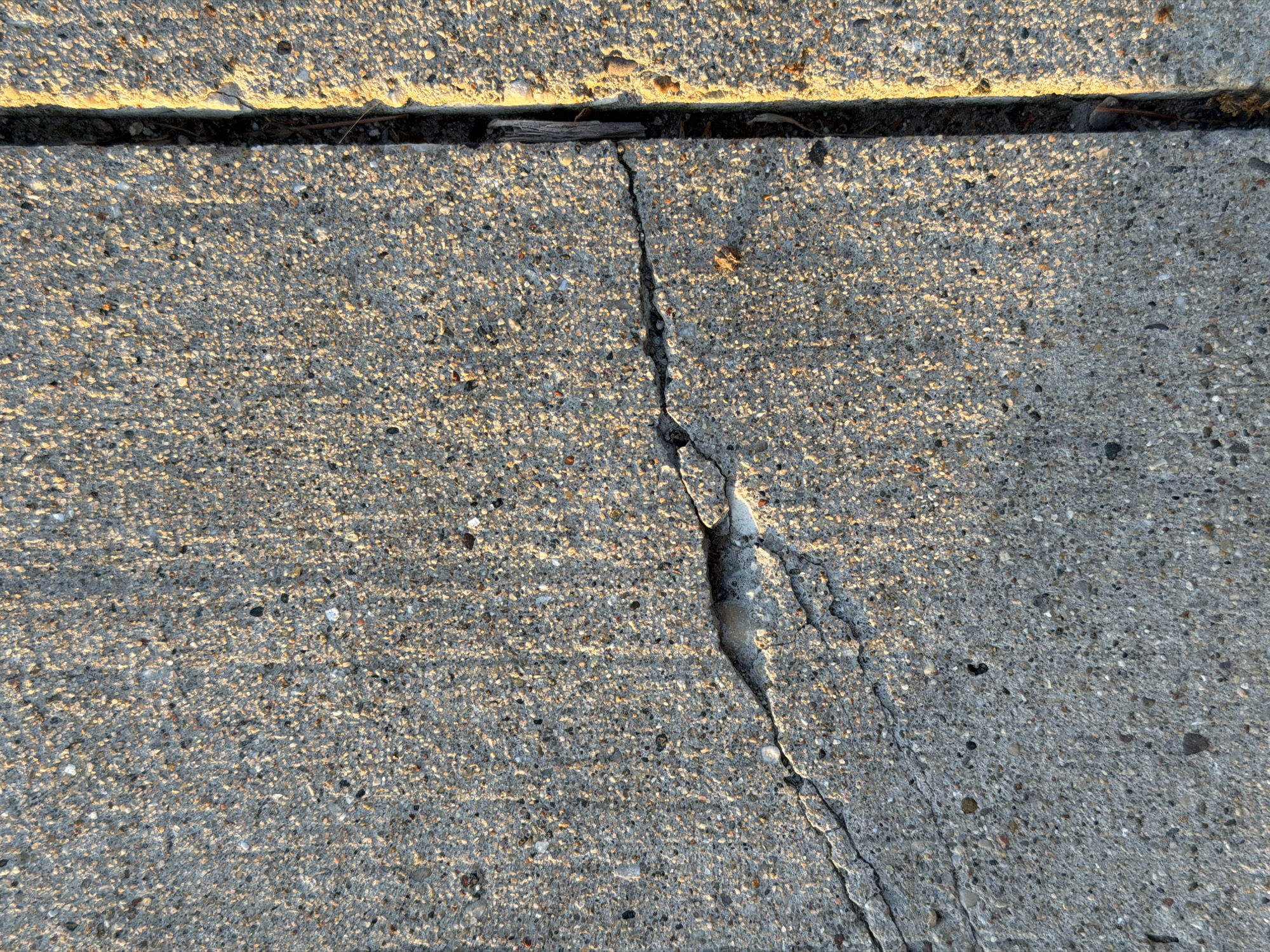 A close-up, overhead shot depicts a section of cracked concrete pavement. A narrow gap separates two sections of concrete along the upper edge of the frame. A more pronounced crack runs diagonally across the lower section of concrete, widening significantly toward the center. The concrete surface is textured with small pebbles and an exposed aggregate finish. The scene appears to be outdoors, illuminated by natural light with shadows cast across the surface. No people or other objects are visible. While it's impossible to verify the exact location within Morton Grove without additional information, the image plausibly depicts a public sidewalk or paved area in that city.