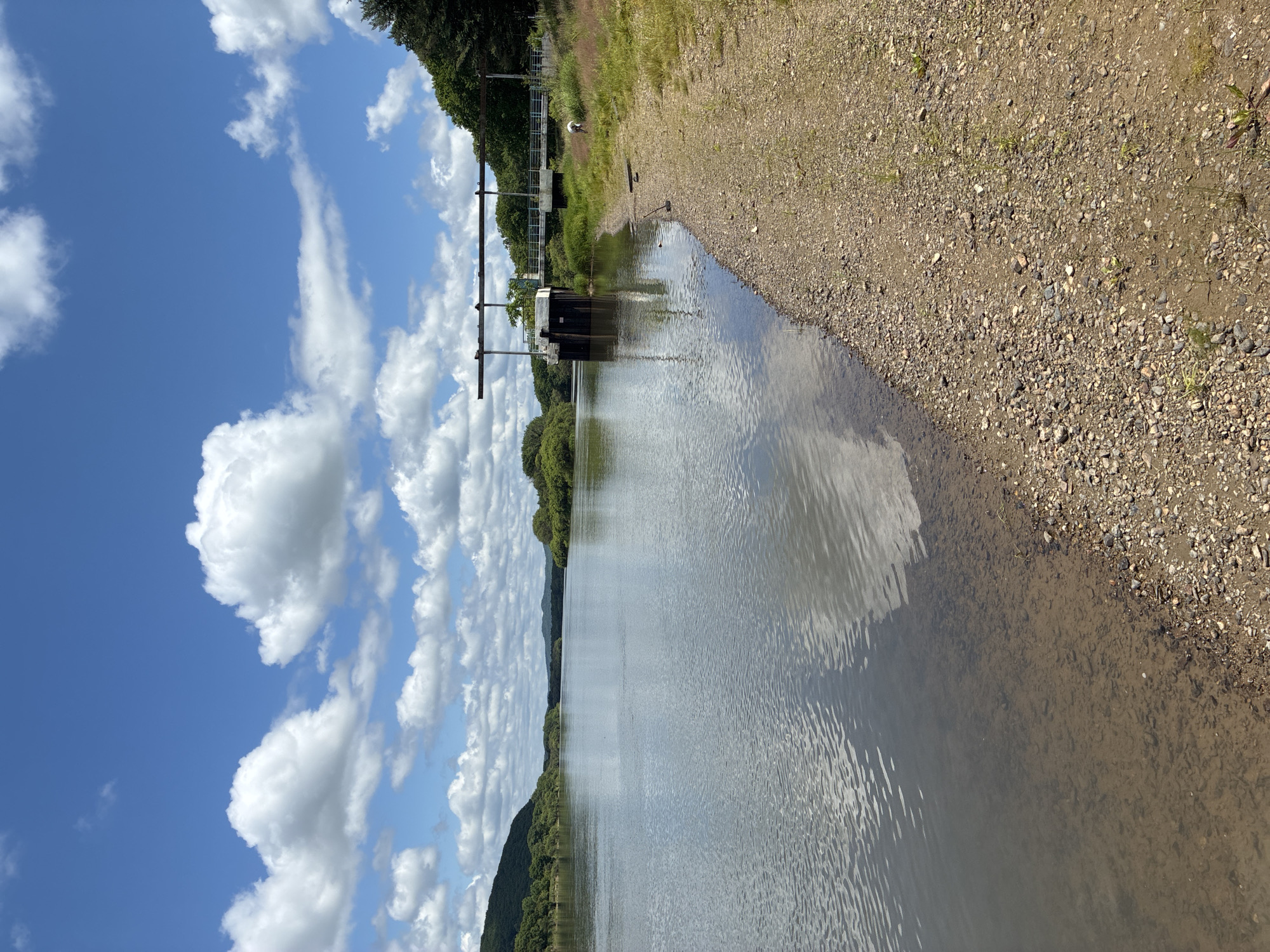 This is a vertical, eye-level, full-shot photograph of a wide, tranquil river on a clear day with a bright blue sky filled with fluffy white clouds. The river occupies the majority of the left and center of the frame. Its surface reflects the sky and clouds. The right bank of the river is a gravelly, sandy embankment covered in sparse green grass and small plants. In the distance, on the right bank, a structure with metal beams and concrete supports spans the river, appearing to be a water gate or dam. Beyond the structure, a dense line of green trees and foliage stretches along the horizon. The left bank of the river is characterized by rolling hills covered in lush green trees, extending into the background and meeting the sky. A single person, appearing to be a man in a white shirt, is visible on the right bank, bending over near the water's edge.