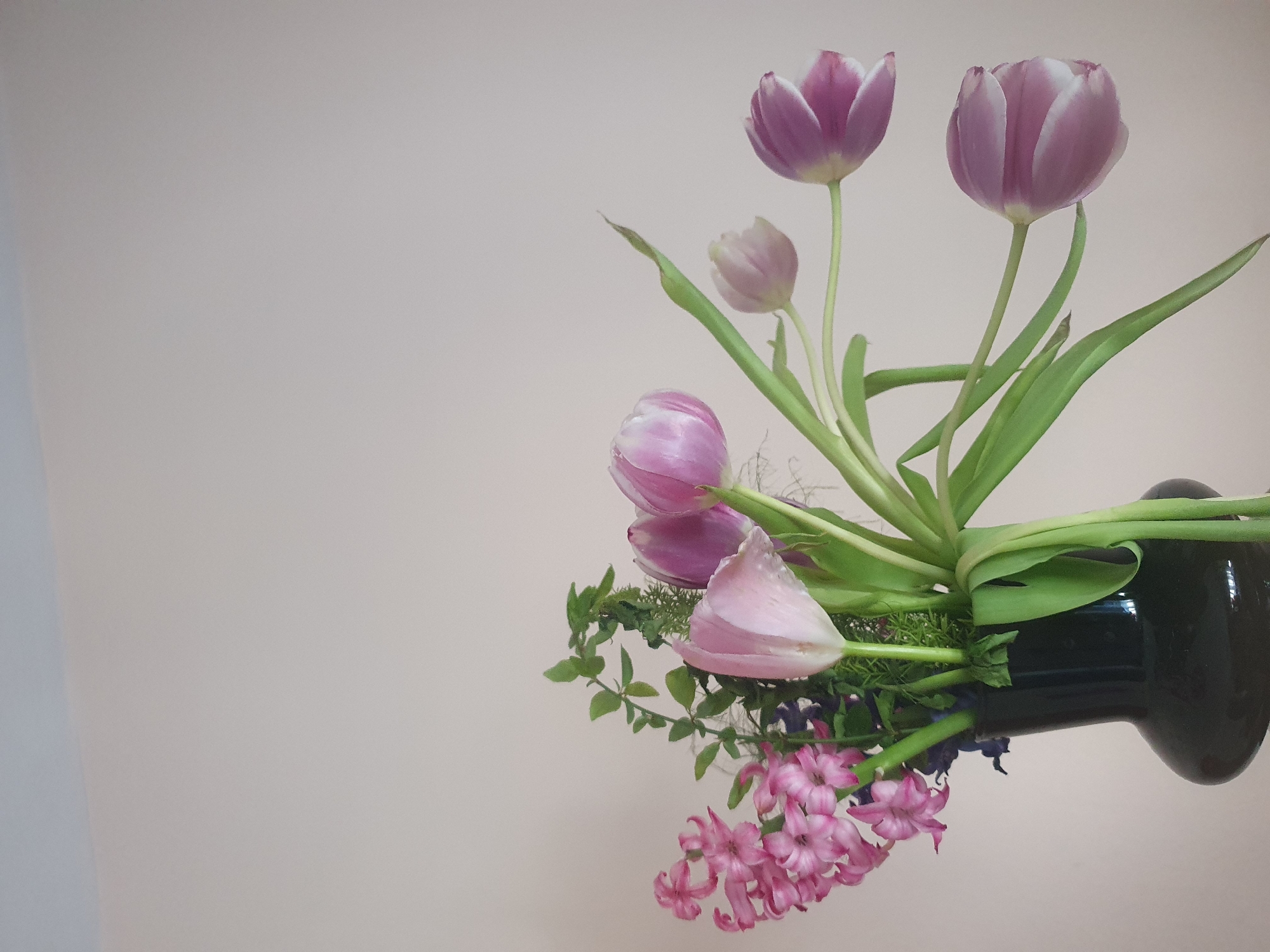 A bouquet of pink and purple flowers is arranged in a dark, glossy vase. The flowers include tulips and hyacinths. The vase is positioned on the right side of the image. The background is a light, neutral color. There is no other information related to Plovdiv, Bulgaria in the image.