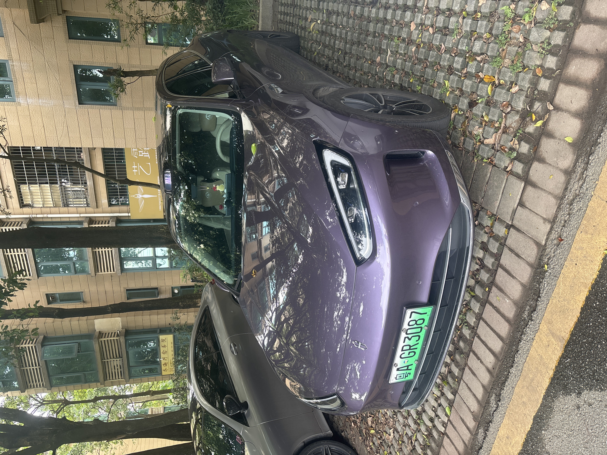 The image shows a purple electric car parked on a textured concrete surface with some fallen leaves. The car has a license plate that reads "A-GR3087". To the left of the purple car, a silver car is partially visible. In the background, a modern building with multiple windows and balconies is seen, surrounded by trees. A yellow sign with Chinese characters is mounted on the building. The scene appears to be in an urban setting, possibly a residential or commercial area in Nanhai District, China, indicated by the building architecture and the car's license plate.