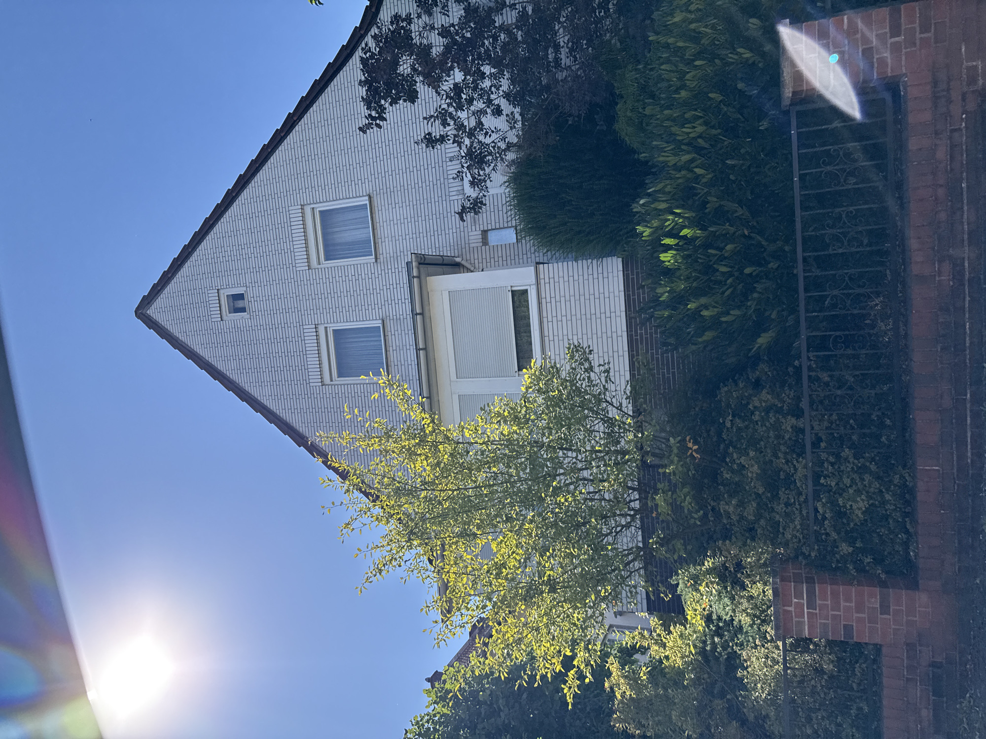 The image shows a white brick house with a dark brown tiled roof. The house has several windows, some with white shutters. A large tree with light green leaves is in front of the house, and there are also some darker green bushes. A brick wall with a black metal fence runs along the front of the property. The sun is shining brightly in the blue sky, causing lens flare in the upper left corner of the image. The scene appears to be in a residential area in Bad Sachsa, Germany.