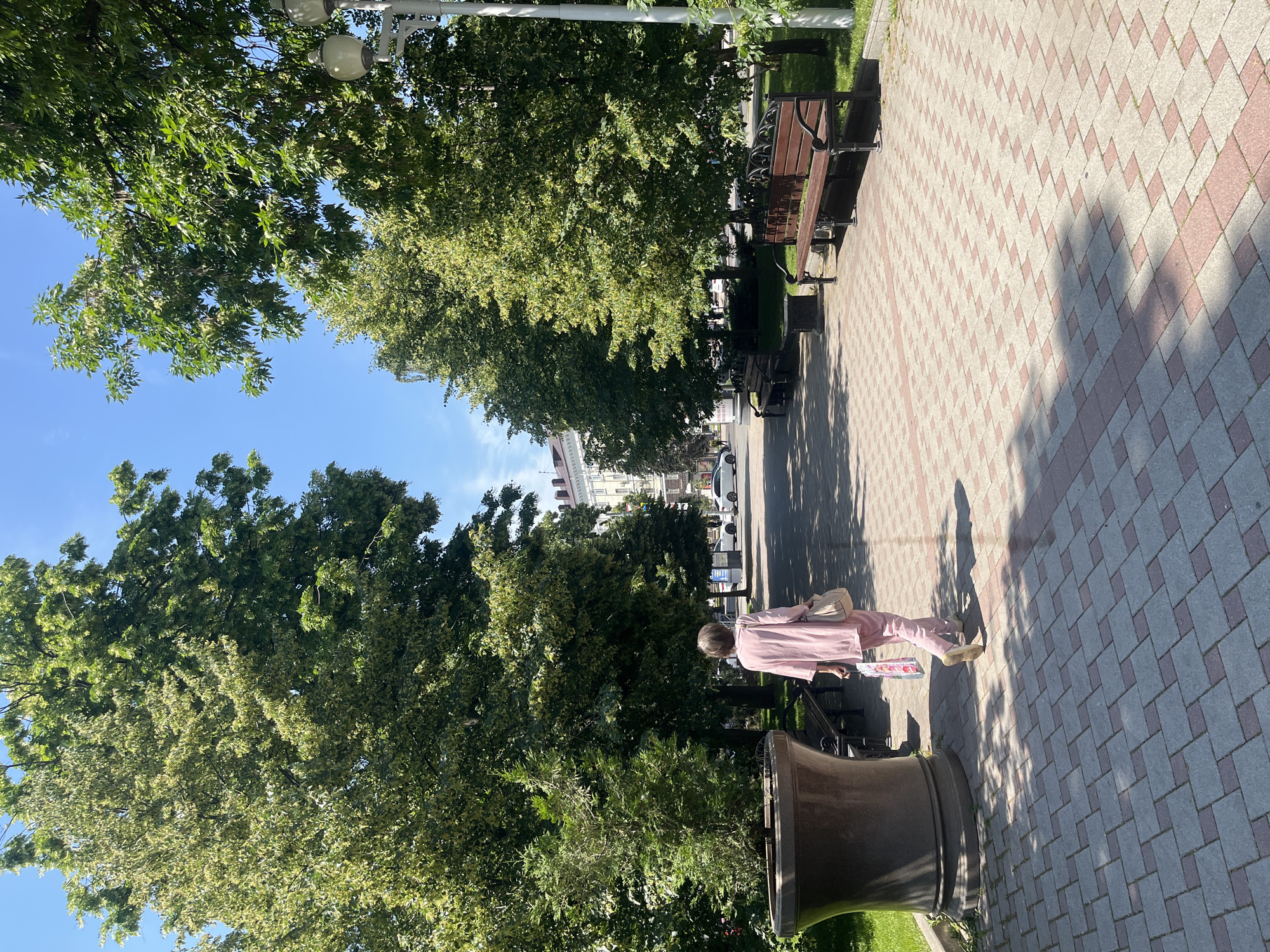 In Krasnodar, Russia, a person walks along a paved pathway lined with trees. The pathway is constructed of interlocking pavers in shades of gray and rose. On the left, a large, brown planter contains a small evergreen tree. Behind the planter, a park bench is visible. Further down the path, several more park benches are situated along the edge of a grassy area. The trees on either side of the path create a canopy, casting dappled shadows on the pavement. In the distance, buildings and vehicles suggest an urban setting. The sky is clear and blue. The person, seen from behind, is wearing a pale pink tracksuit and carrying a light-colored shoulder bag and a shopping bag. The person's posture indicates they are walking away from the viewer.