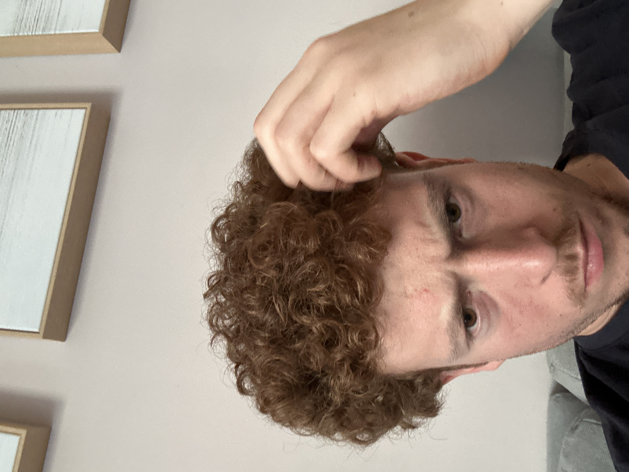 The image, rotated 90 degrees clockwise, features a young man with medium brown, tightly coiled curly hair, light-colored eyes, and a light brown mustache and beard. His right hand is raised, with fingers intertwined in his hair, suggesting he is running his hand through it or adjusting it. He looks directly at the viewer with a neutral expression. He is wearing a dark-colored (likely navy or black) crew-neck t-shirt. The background consists of a plain, light-colored wall, possibly off-white or light beige. On the left side of the frame, two framed objects, which appear to be mirrors or pictures with abstract white or light gray vertical textures, are partially visible, set in light brown or wooden frames. The lighting is soft and even, indicating an indoor setting, likely during daytime. No specific location cues are visible within the image to confirm the provided context of New York, United States of America. There is no visible text.