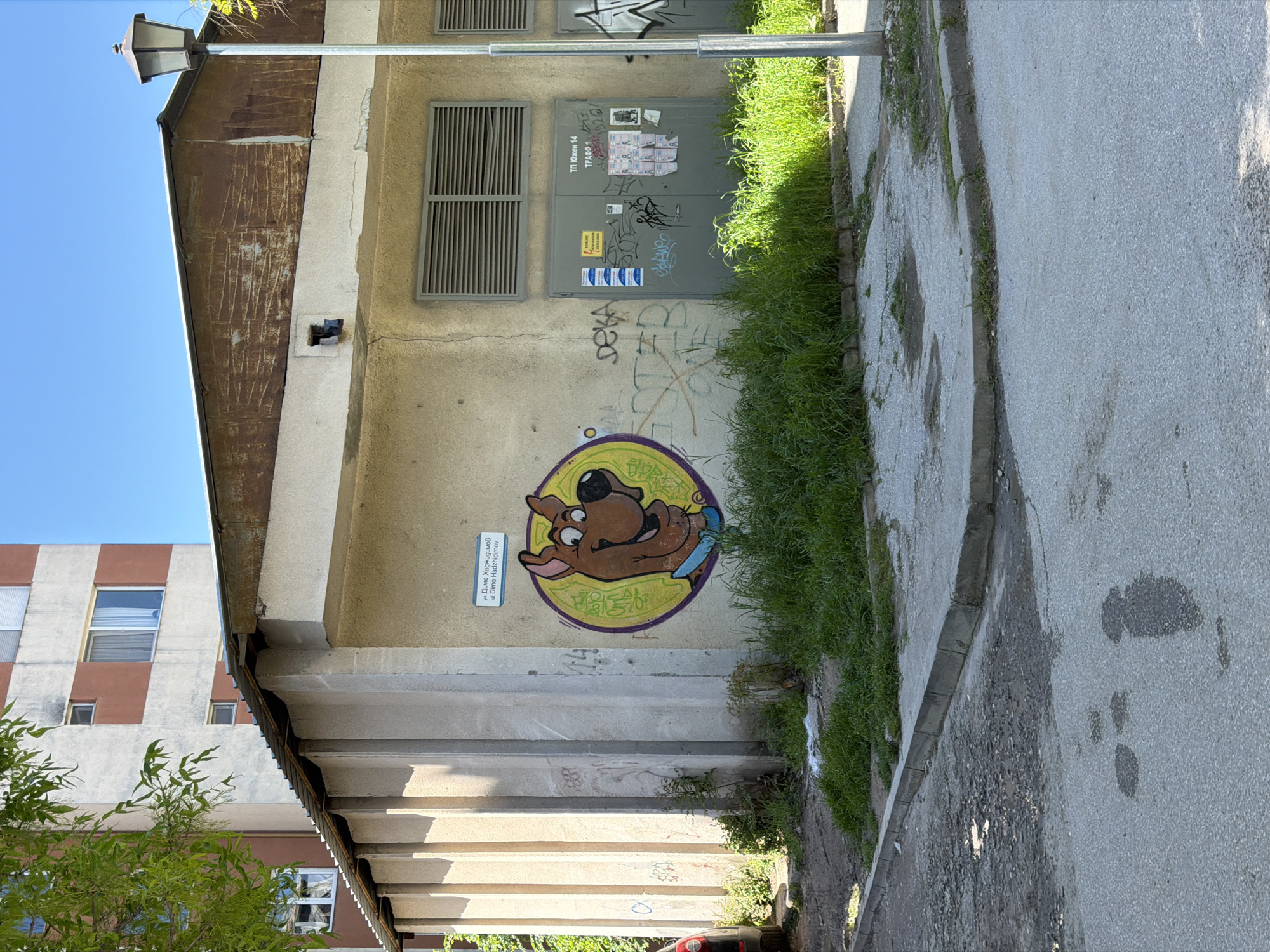 The image shows the exterior of a building in Plovdiv, Bulgaria, featuring street art. The building has a weathered appearance with a rusty metal roof and light-colored concrete or stucco walls. One section of the wall has a mural of Scooby-Doo painted within a yellow circle outlined in purple. Above the mural, there is graffiti and a gray metal door with ventilation slots, covered with stickers. A street lamp is mounted on the building. The sidewalk is adjacent to the building, showing signs of wear and dampness. The sign "ул. Димо Хаджидимов ul. Dimo Hadzhidimov" (Street Dimo Hadzhidimov) is visible near the Scooby-Doo mural. A building with brown and white horizontal stripes can be seen in the background. Vegetation grows along the edge of the sidewalk and around the base of the building.