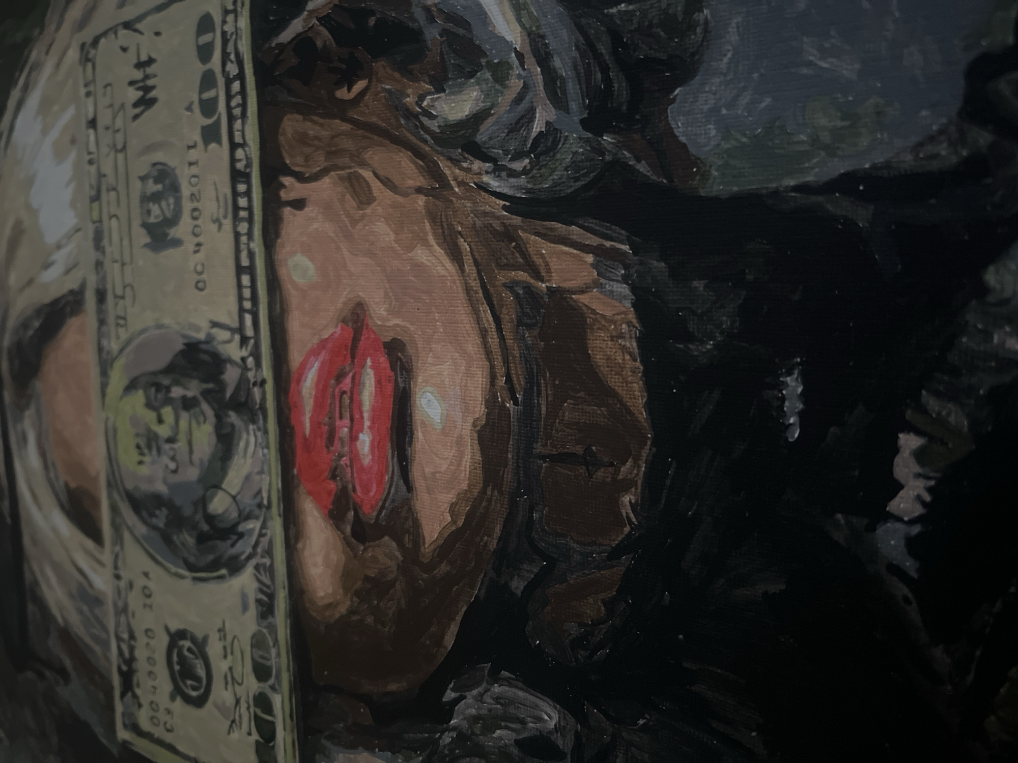 The media file presents a close-up photograph of an oil or acrylic painting, notable for its visible brushstrokes and impasto texture. The central subject of the painting is a stylized human face, possibly female, depicted in a profile or three-quarter view, partially obscured. A U.S. hundred-dollar bill is laid horizontally across the upper portion of the face, covering the forehead and possibly one eye.
The face in the painting features a light skin tone, with defined facial contours including the nose, chin, and particularly striking, vibrant red, slightly parted lips. Dark, heavy brushstrokes form the background and what appears to be hair, creating a strong contrast with the lighter skin tones and the bright red lips. The mood evoked is somewhat mysterious or dramatic, due to the partial obscuring of the face and the intense color of the lips.
The hundred-dollar bill is detailed, showing the portrait of Benjamin Franklin. Distinctly visible on the upper left corner of the bill are the handwritten characters "WH-!". Other identifiable text on the bill includes the denomination "100", the phrase "FEDERAL RESERVE NOTE", and partial serial numbers such as "OC 4002011" and "0040020 10A". The photograph captures the artwork at a slight angle, highlighting the texture and dimensionality of the paint.