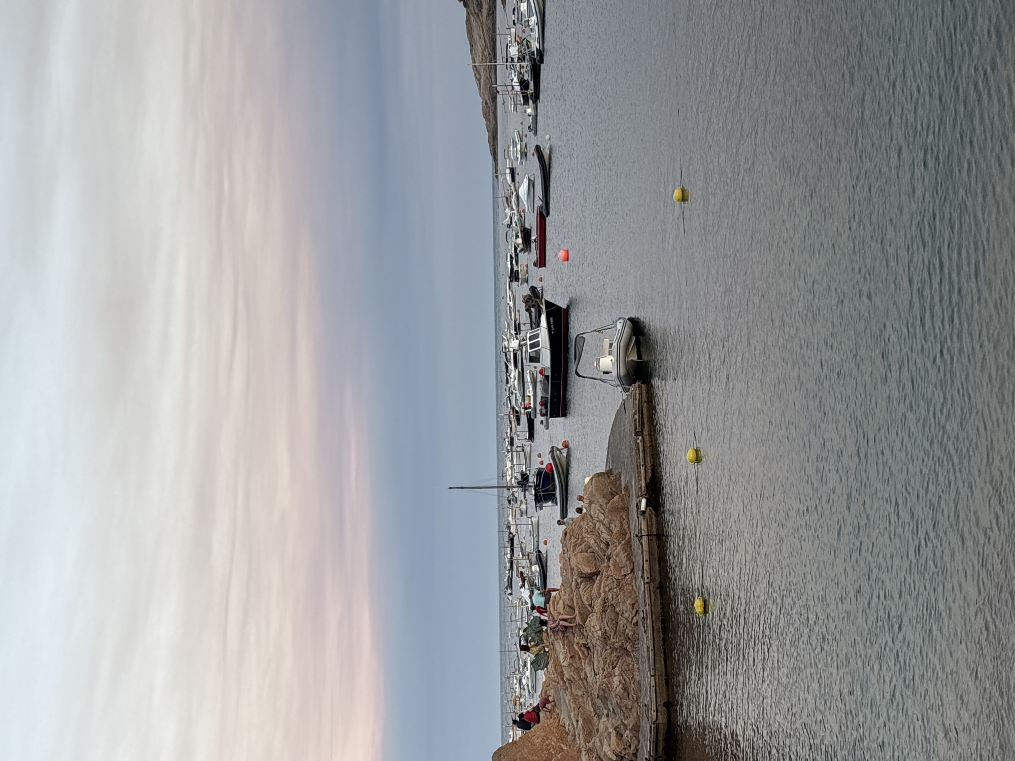 The image depicts a serene harbor scene in Palafrugell, Spain, likely during the late afternoon or early evening, judging by the soft, diffused light and the pastel hues in the sky. The foreground features a body of calm water with two yellow buoys floating near the bottom right. To the left, a wooden dock extends into the water, with a rocky outcrop jutting out from its side. Several individuals, dressed casually, are seated or standing on the rocks, engaging in conversation or simply enjoying the view.
The water is dotted with a multitude of boats of various sizes, predominantly white with some darker hulls. These range from small dinghies and inflatable vessels to larger fishing boats and sailboats, many with their masts clearly visible. A dark blue sailboat with a prominent mast is moored closer to the rocky area, and a smaller white inflatable boat with a canopy is positioned in the immediate foreground to the left. In the background, a hazy shoreline with rocky terrain and vegetation can be seen, bordering the sea and the horizon. The sky is a gentle gradient of pale blue at the top, transitioning to soft pinks and grays, suggesting either sunrise or sunset. The overall atmosphere is tranquil and relaxed, characteristic of a coastal town during a quiet time of day.