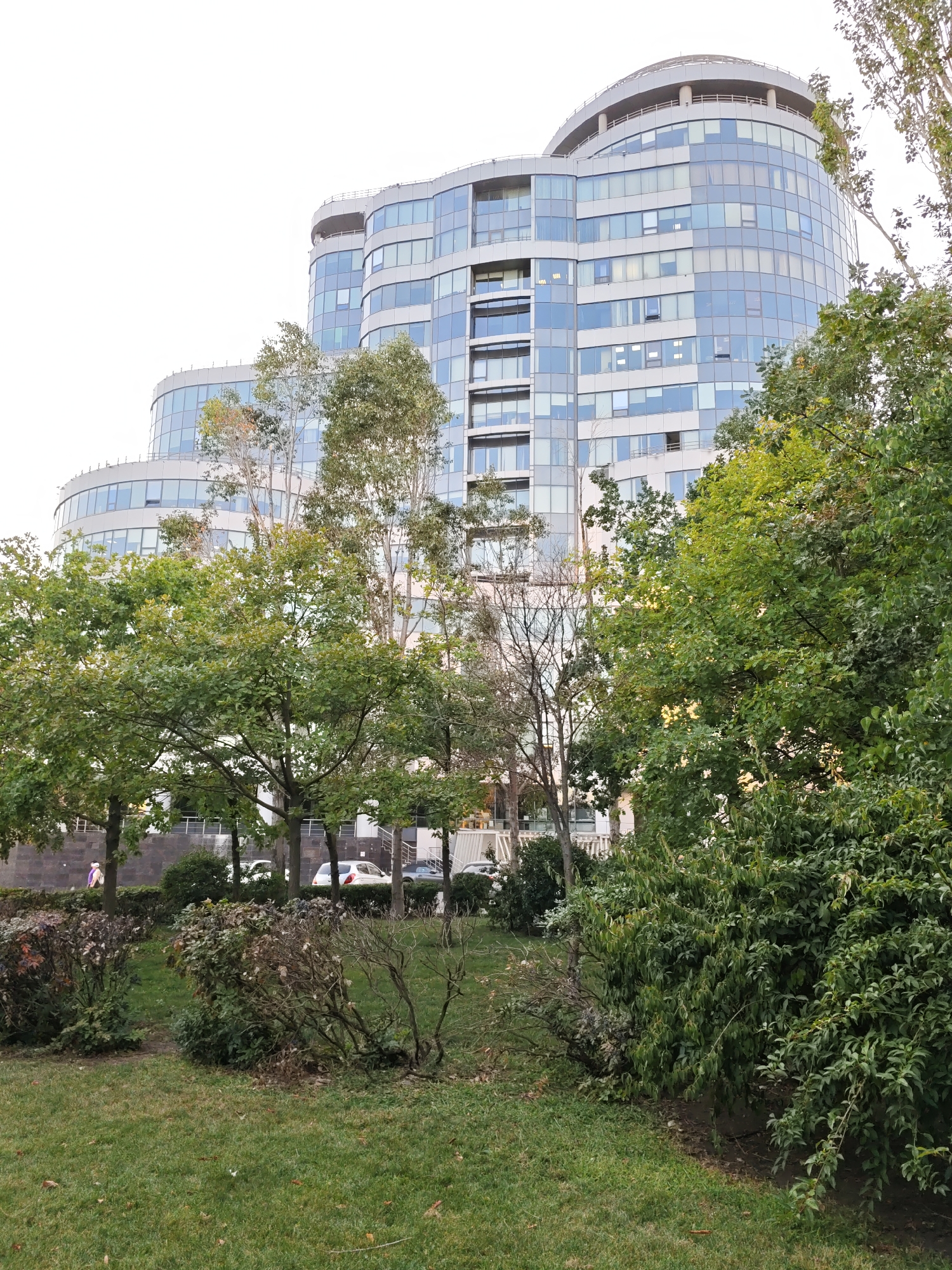 An outdoor, eye-level, medium shot captures a modern, curved glass building in Rostov-on-Don, Russia, behind a section of parkland in the foreground. The building, characterized by its rounded, tiered facade and numerous windows, dominates the upper portion of the frame, appearing as a series of light blue and grey geometric shapes against a pale sky. In front of the building, a line of trees with green foliage partially obscures the lower levels, with some bare branches visible amongst the leaves. The parkland in the foreground features a grassy lawn, scattered dry leaves, and several bushes. Some of the bushes appear well-maintained and green, while others are dry and bare. In the middle ground, a low stone wall with a railing separates the park from a paved area where two cars are parked. A single person wearing a purple jacket and white pants walks along the paved area. The overall scene depicts an urban environment where nature and architecture coexist.