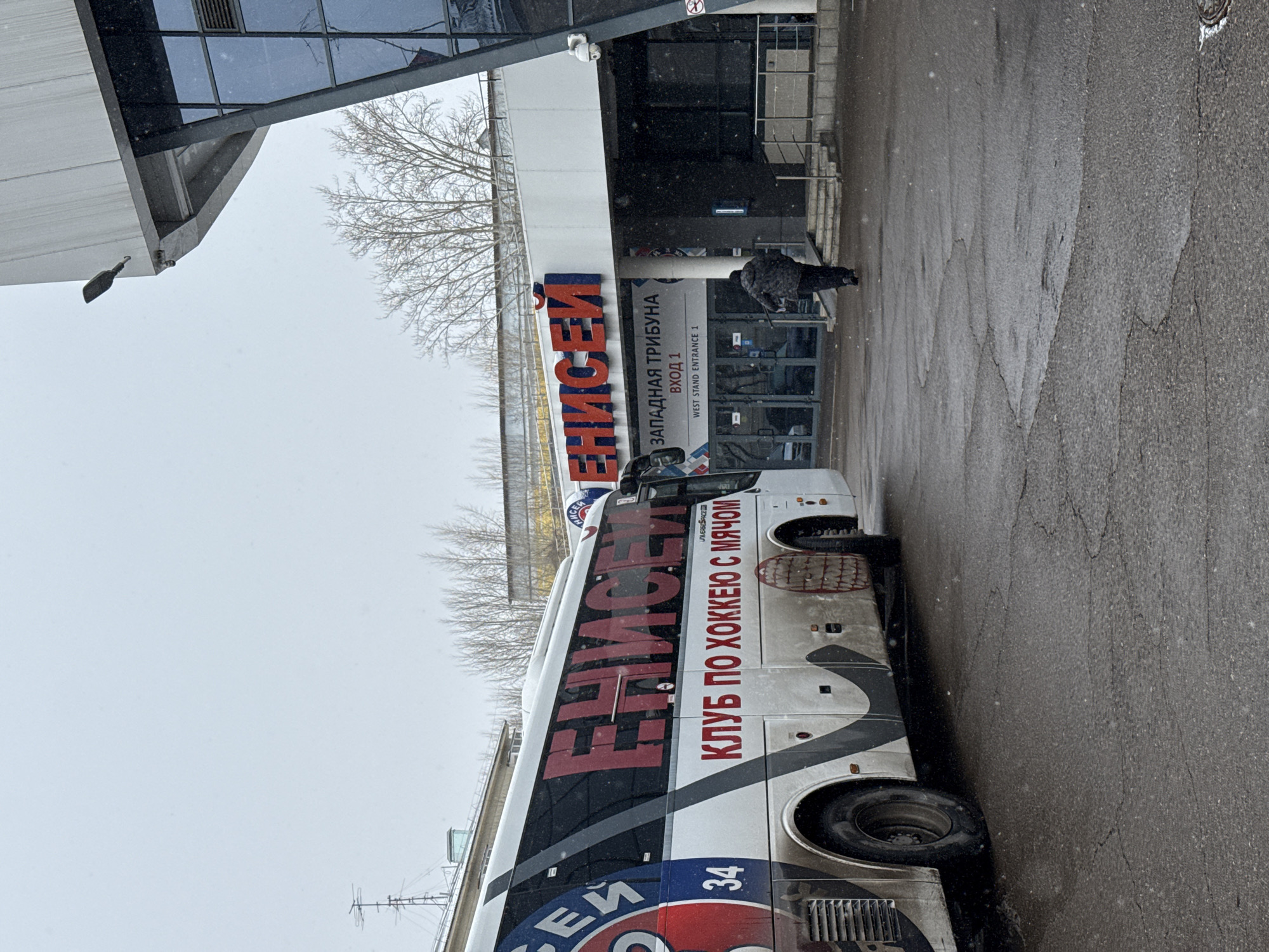 An outdoor scene captures a snowy day outside a building, likely a stadium, with a large team bus parked nearby. The weather is overcast with light snow visibly falling, and the ground, an asphalt surface, appears wet and slushy. Bare tree branches are visible against the pale sky in the background.
A prominent feature is a white and dark grey bus, likely a team transport, parked parallel to the building. Large red lettering on its side clearly reads "ЕНИСЕЙ" (Yenisey) and "КЛУБ ПО ХОККЕЮ С МЯЧОМ" (Club for Bandy), identifying it as belonging to the FC Yenisey Krasnoyarsk bandy club. Other smaller text on the bus includes "UNIVERSE SPACE" and the number "34".
The building behind the bus features a modern design with a dark, possibly glass, facade and a contrasting white overhead structure. Above an entrance, a large sign reads "ЗАПАДНАЯ ТРИБУНА" (West Stand), with "ВХОД 1" (Entrance 1) and "WEST STAND ENTRANCE 1" also displayed. A single person, dressed in dark winter clothing, is seen walking or standing near this entrance. The scene suggests a winter day at a sports facility in Krasnoyarsk, Russia.