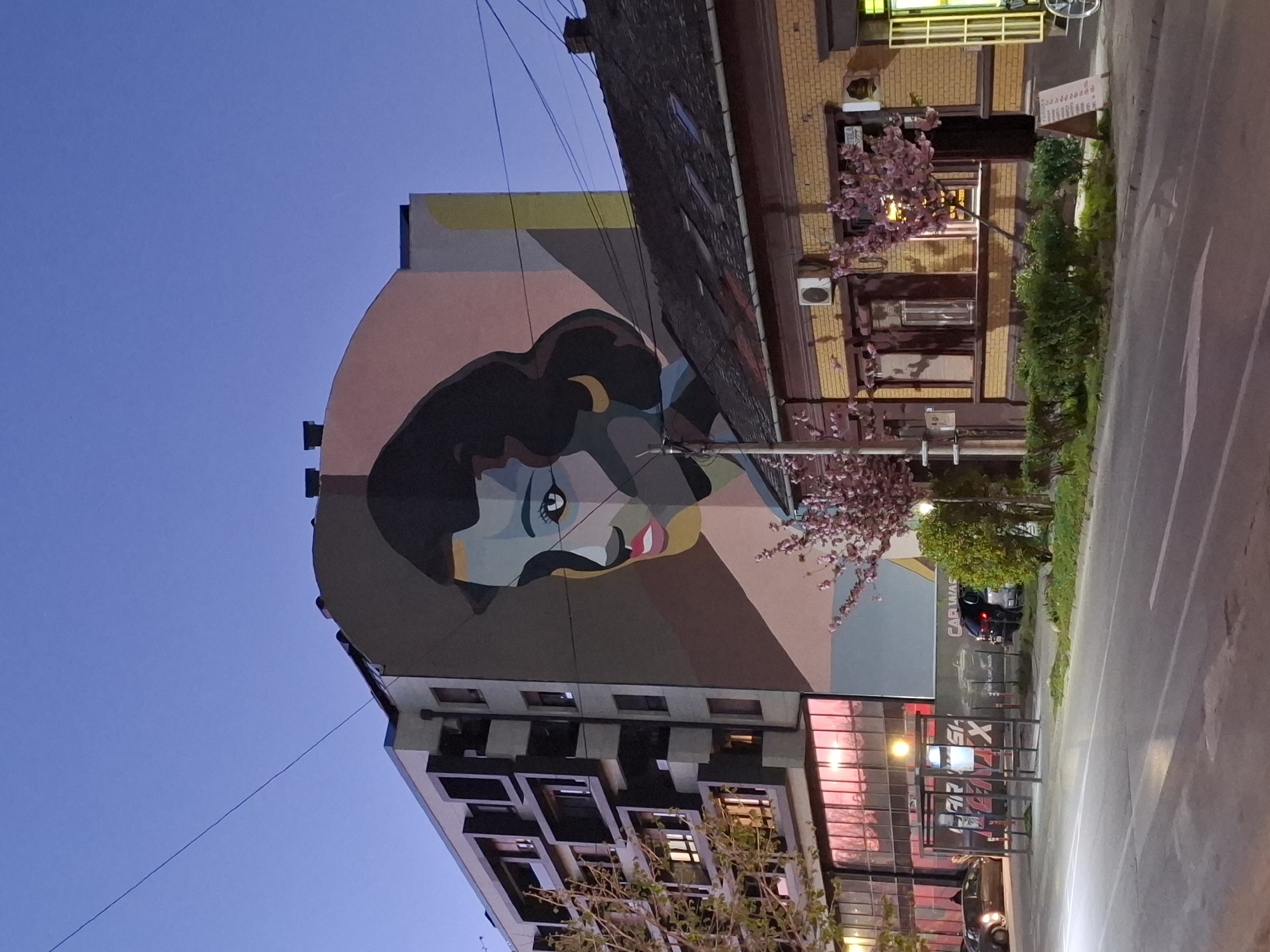 A low-angle view shows a mural of a woman's face on the side of a tall building in Novi Sad, Serbia, next to a smaller building with windows and pink flowers. The mural is primarily in shades of brown, tan, and blue. Below the mural is a modern-looking building with distinctive protruding windows. The pink flowers appear to be on a tree in front of a building made of tan bricks. A street runs along the side of the image.