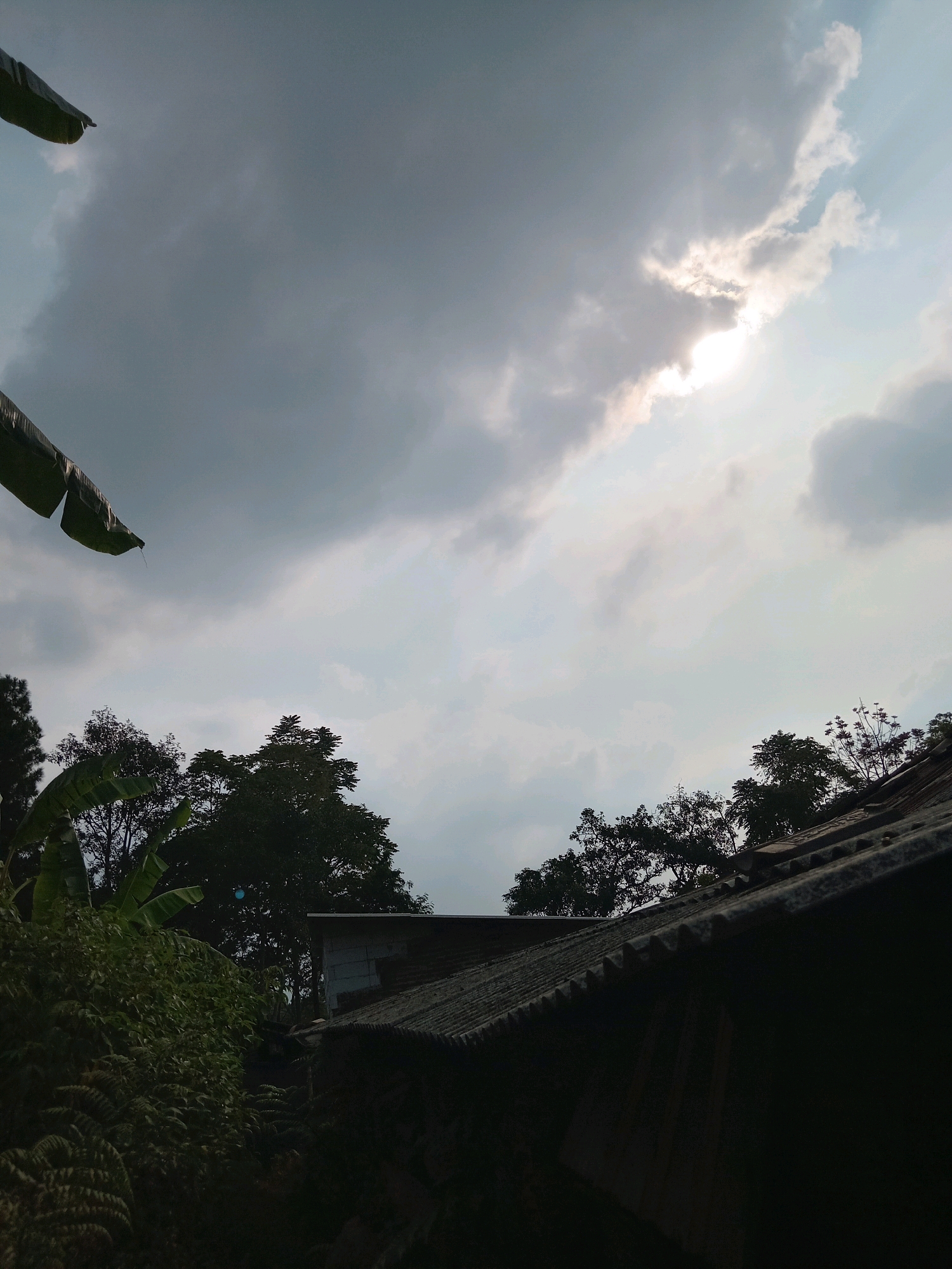 The image captures a cloudy sky with the sun peeking through in Claket, Indonesia. In the foreground, the corrugated metal roof of a building is visible, partially obscured by the dark shadows of dense foliage. To the left, large green leaves, possibly from a banana tree, hang downwards. Behind the foliage and roof, the silhouettes of various trees are seen against the sky. The overall scene suggests a view from a ground-level perspective looking upwards towards the sky and the tops of structures and vegetation.