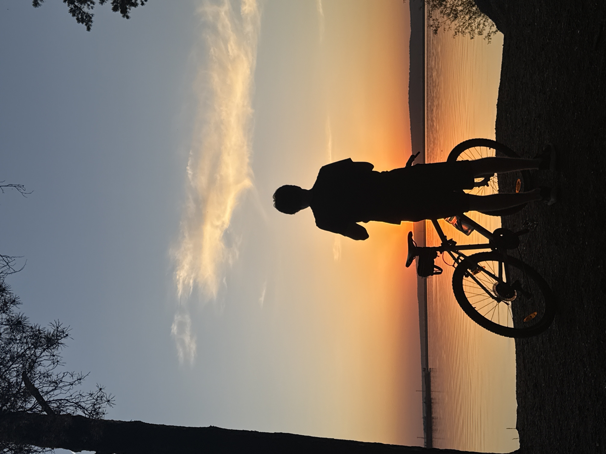 A silhouette image shows a person standing next to a bicycle at the edge of a body of water during a sunset. The sky transitions from blue to orange, and there are light clouds. The person and the bicycle are in the lower center of the image, silhouetted against the sunset. A tree branch is visible in the lower left corner and some shrubbery along the shore is visible on the right side. The water appears calm and reflects the colors of the sky. The location is near Chaikovsky, Russia.
