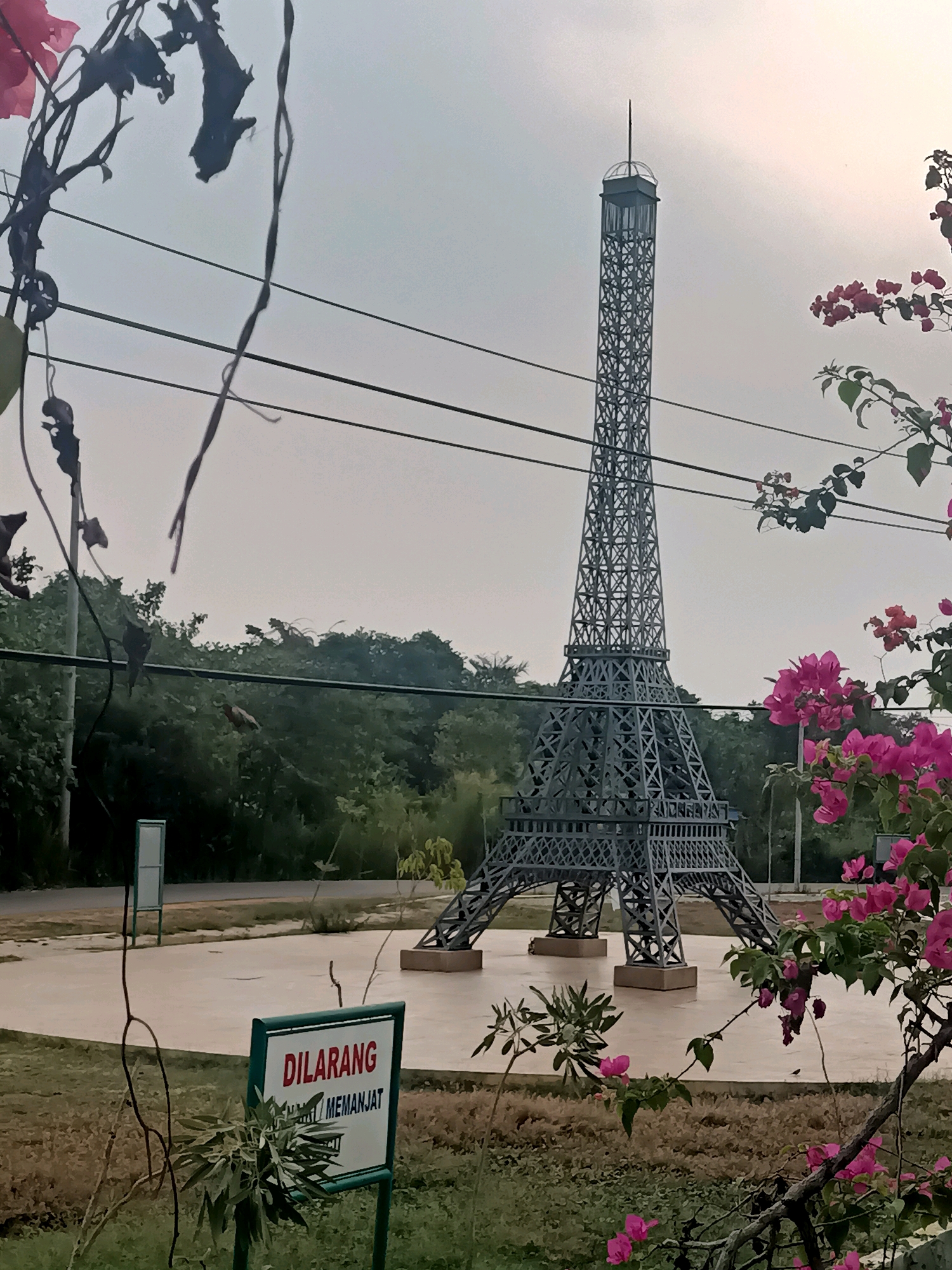 The image depicts a miniature Eiffel Tower replica situated in an outdoor park-like setting. The tower is constructed of dark metal and stands on a circular paved area. In the foreground, a green sign with red text that reads "DILARANG MEMANJAT" (meaning "Forbidden to Climb" in Indonesian) is visible. Pink bougainvillea flowers and dark foliage frame the scene, with power lines running across the upper portion of the image. The background consists of a dense line of green trees under an overcast sky. The overall impression is that of a recreational area in a tropical or subtropical climate. The image is undated and uncaptioned, but the presence of Indonesian text on the sign suggests the location is in Indonesia. The city of Bagus, Indonesia is not identified in the image.