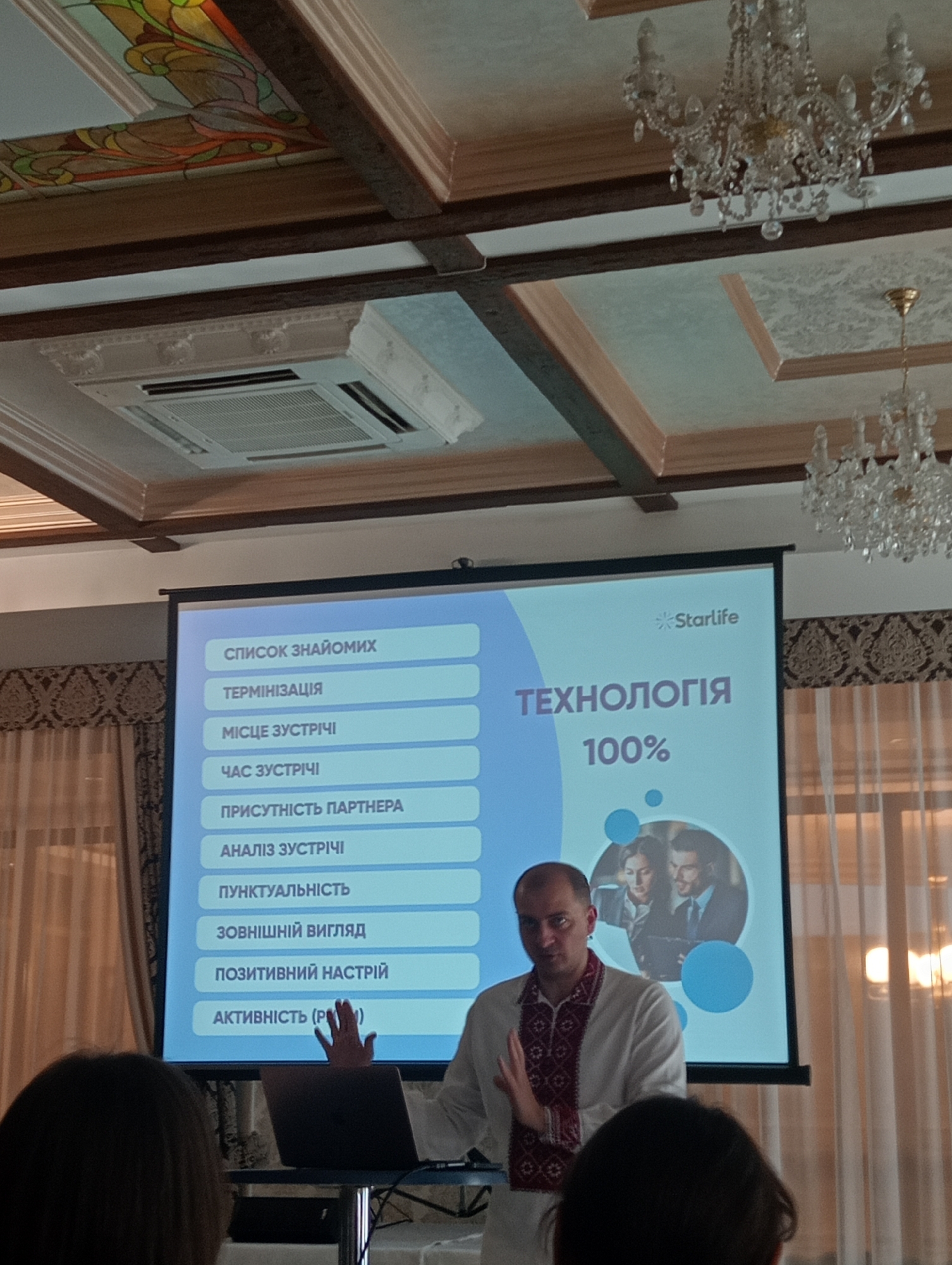 The image depicts a man presenting a slide show indoors, possibly in Lviv, Ukraine, based on the language on the screen. The slide show, bearing the "Starlife" logo, lists topics like "СПИСОК ЗНАЙОМИХ," "ТЕРМІНІЗАЦІЯ," and "АНАЛІЗ ЗУСТРІЧІ," with the word "ТЕХНОЛОГІЯ" and "100%." The man wears a white shirt with embroidered detailing. A laptop is visible on a stand in front of him. The environment includes decorative ceilings, ornate chandeliers, and glimpses of people in the foreground.