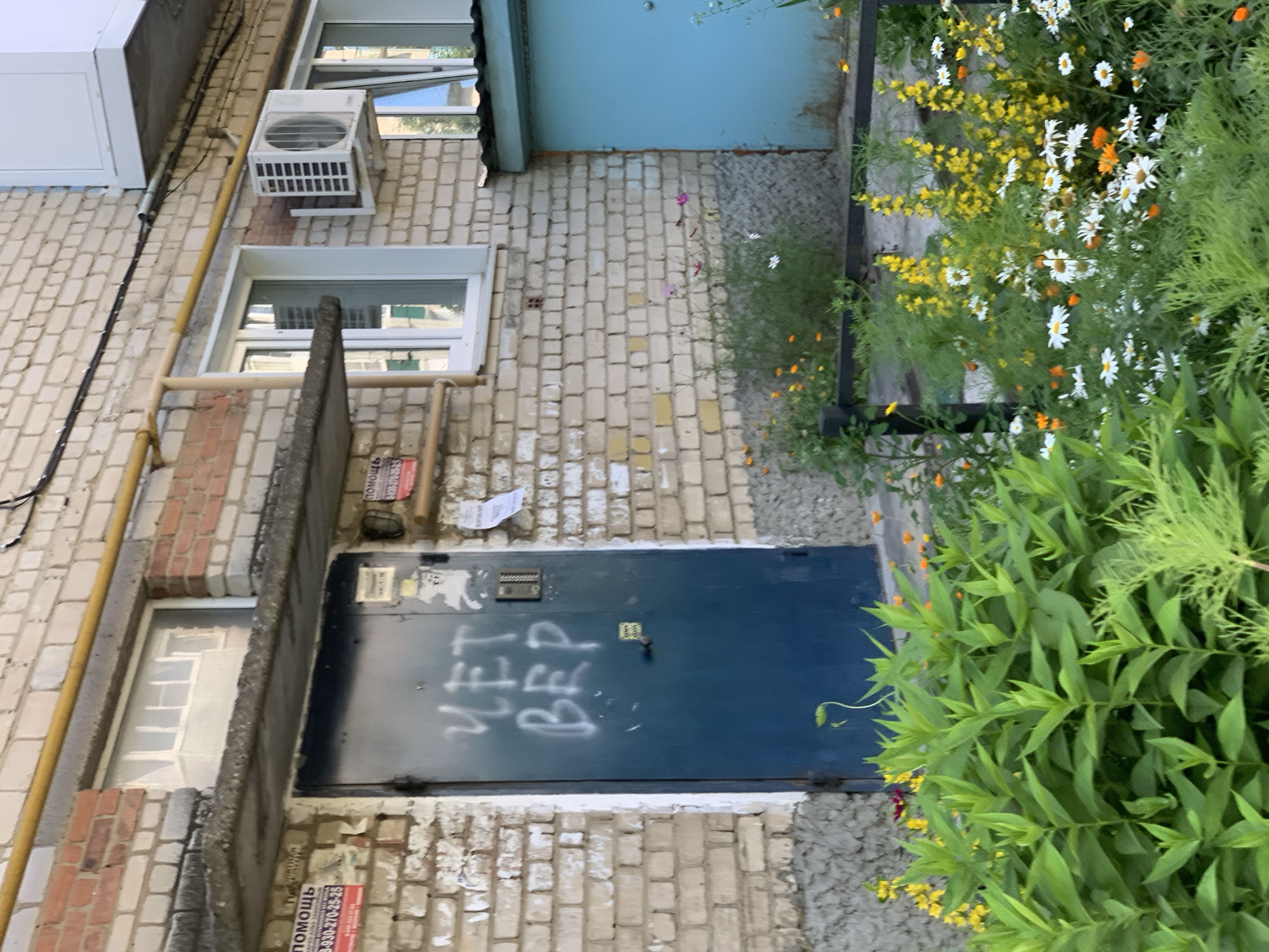 A brick building with a blue door is pictured in the city of Pavlovo, Russia. The door has white graffiti that reads "НЕТ ВЕР" (NET VER). To the left of the door, there is a window with a balcony visible. Above the door and window, a yellow pipe runs horizontally. An air conditioner unit is mounted on the wall to the right of a window. In front of the building, there is a garden with various flowers, including daisies, yellow flowers, and orange flowers, as well as green foliage. A blue garage door is visible on the right side of the image.