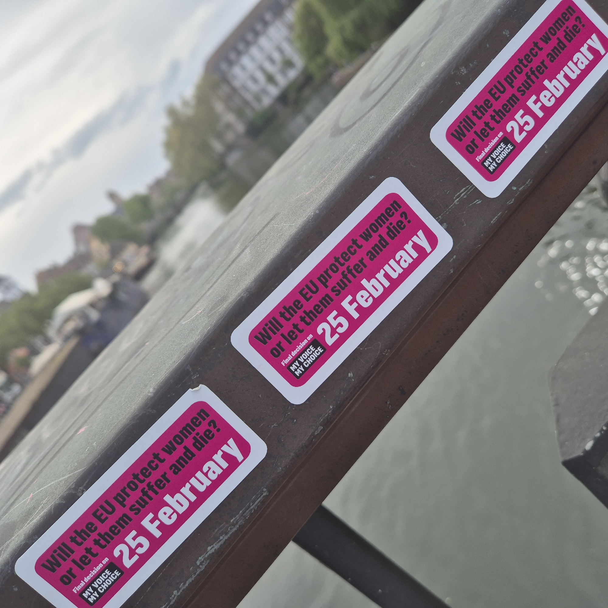 The image shows three stickers affixed to a weathered metal railing. The stickers are bright pink with white text that reads, "Will the EU protect women or let them suffer and die? Final decision on MY VOICE MY CHOICE 25 February." The stickers are evenly spaced along the railing. The railing appears to be on a bridge, as a body of water is visible in the background. Across the water, buildings with visible windows and trees line the bank. Based on the architecture, and the fact the signs are in English, the location of the bridge is Strasbourg, France. The sky above is cloudy.