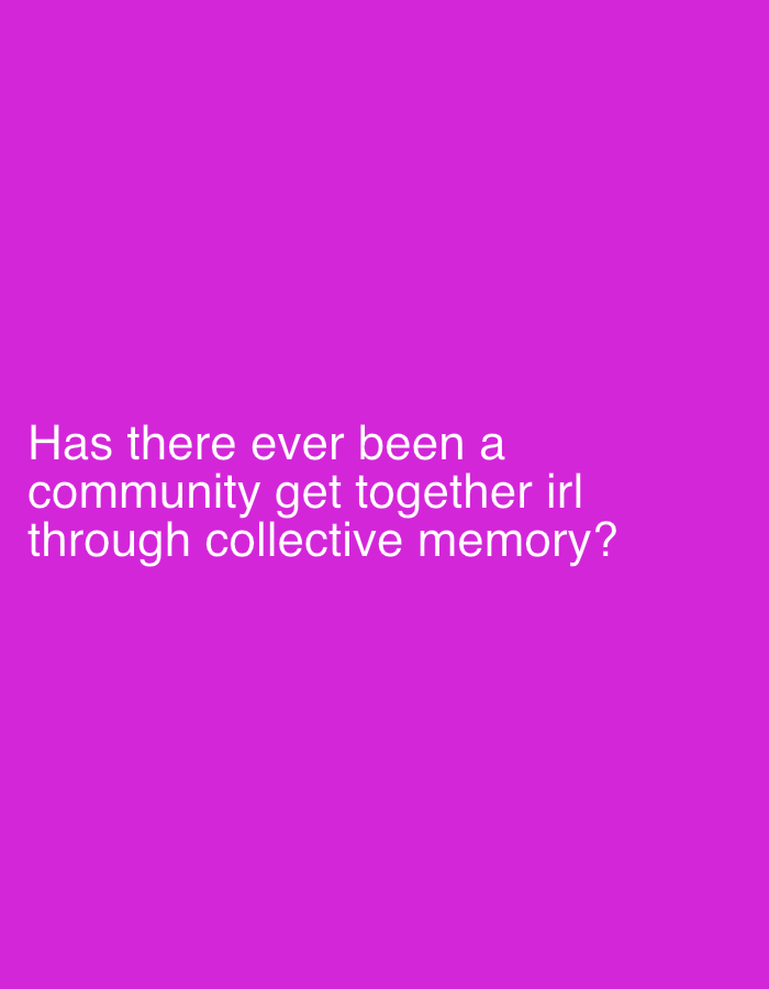 The image is a plain magenta background with white text. The text reads "Has there ever been a community get together irl through collective memory?". There are no other details in the image. It does not depict any scene or location within the city of New York, or anywhere else.
