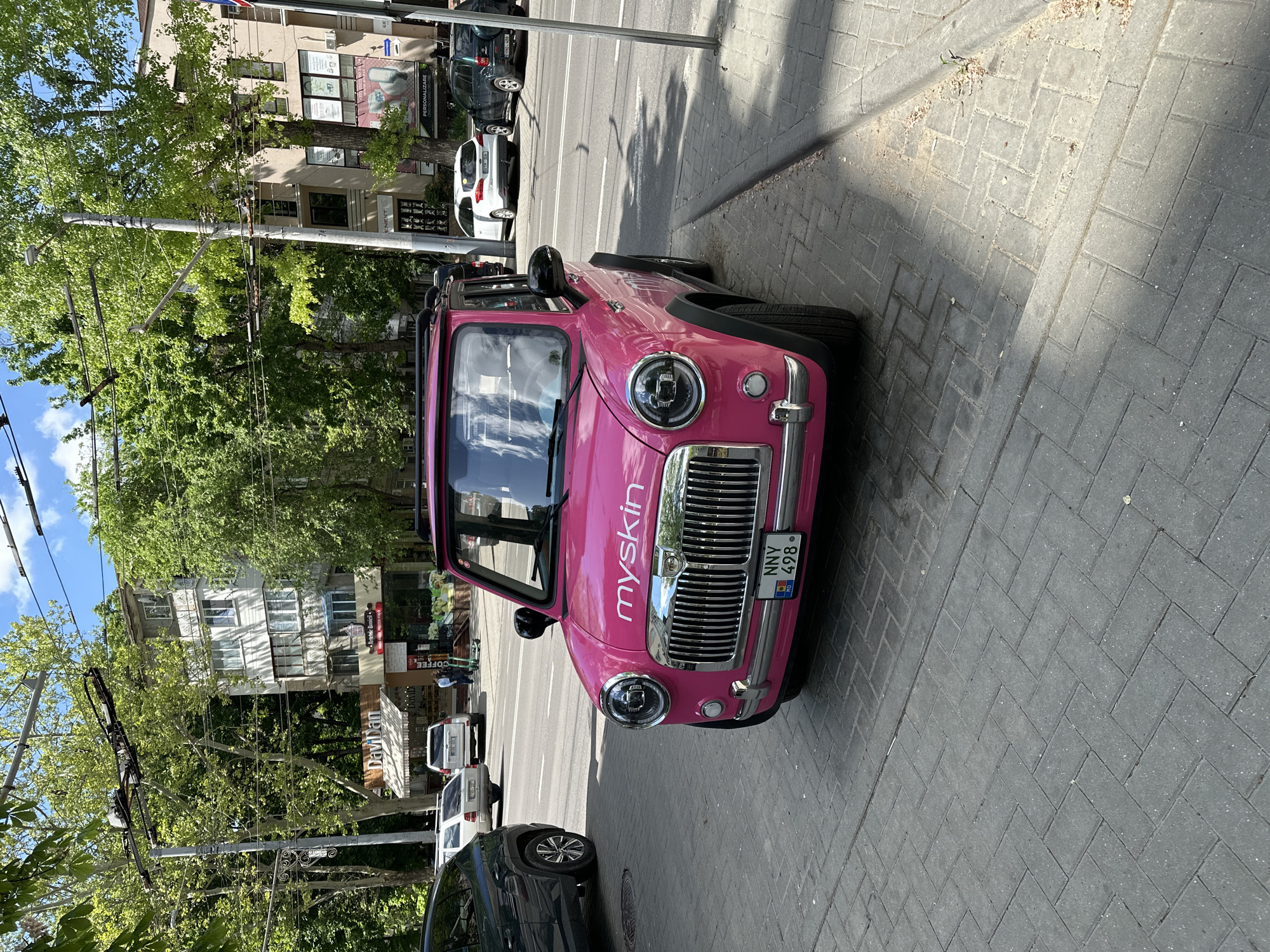 The image depicts a pink car parked on a brick-paved sidewalk adjacent to a street. The car has the word "myskin" prominently displayed on its side, and its license plate reads "NNY 498 MD."
The street has multiple parked vehicles on the opposite side. Buildings line the street, and trees are interspersed between them, partially obscuring the view. A utility pole with wires runs along the street. The setting appears to be an urban environment.