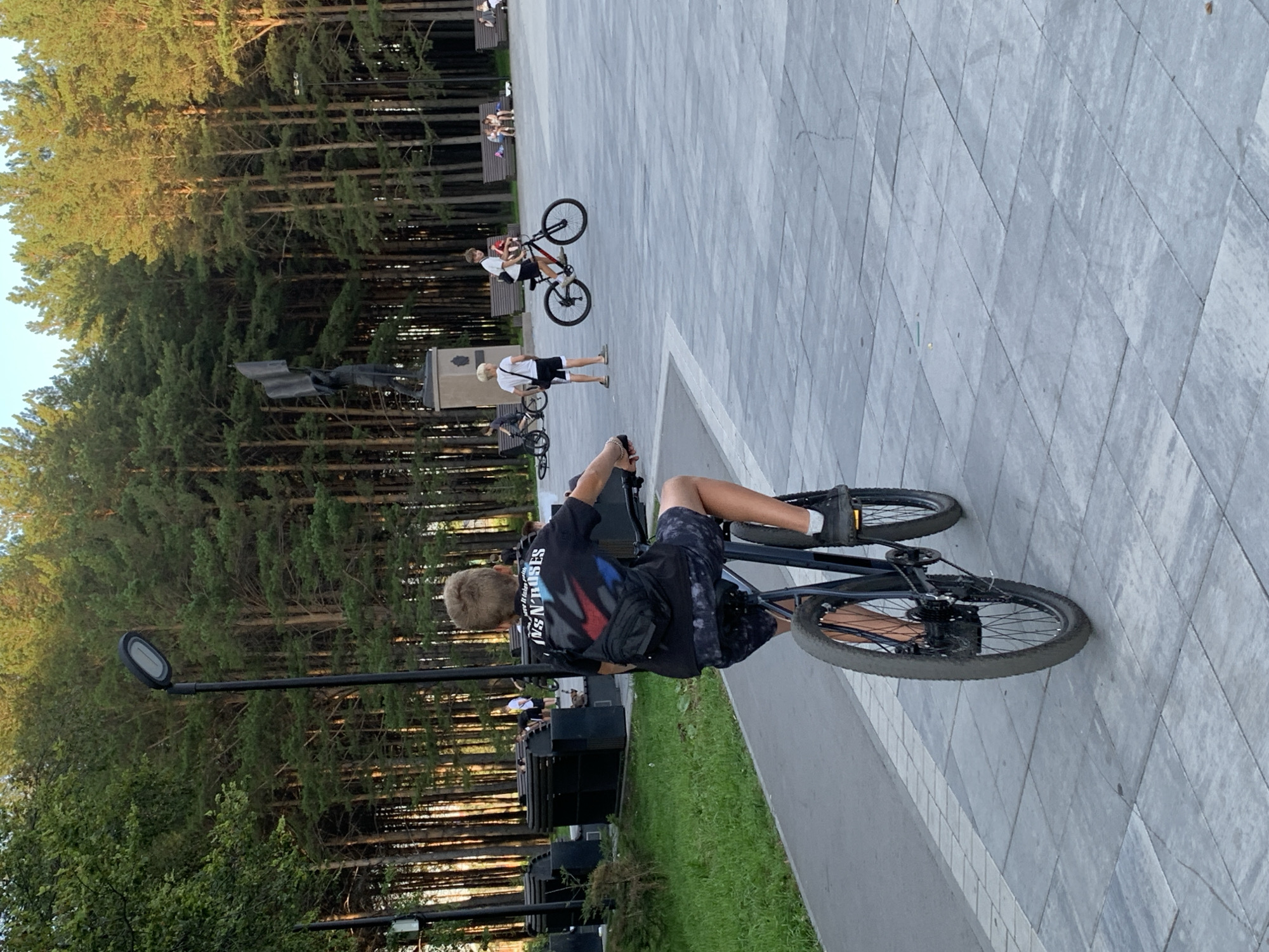 The image depicts a young person riding a bicycle on a paved pathway in a public park, likely in Prokopyevsk, Russia. The pathway is constructed of large, light-gray square tiles with visible grout lines and some scattered debris. To the left of the pathway is a strip of green grass and a dark-colored bench or seating area. In the background, a dense line of tall pine trees forms a natural backdrop, with the setting sun casting a warm, golden light through the foliage, indicating it is late afternoon or early evening.
The central subject is a boy, viewed from behind, riding a black bicycle. He is wearing a black t-shirt with a graphic design on the back, dark-colored shorts with a patterned print, and black shoes. He also has a black fanny pack worn across his back. The bicycle is a BMX-style bike with black frame and wheels.
Further in the background, other people are visible. To the right of the central subject, another young person stands next to a bicycle. In the distance, several people are seated on park benches. A statue of a person holding a flag on a pedestal is visible within the treeline. Several modern-looking dark structures, possibly public art or seating, are situated within the park area. A street lamp with an oval light fixture is positioned to the left of the pathway, in front of the trees. The overall scene suggests a recreational area in a city park.