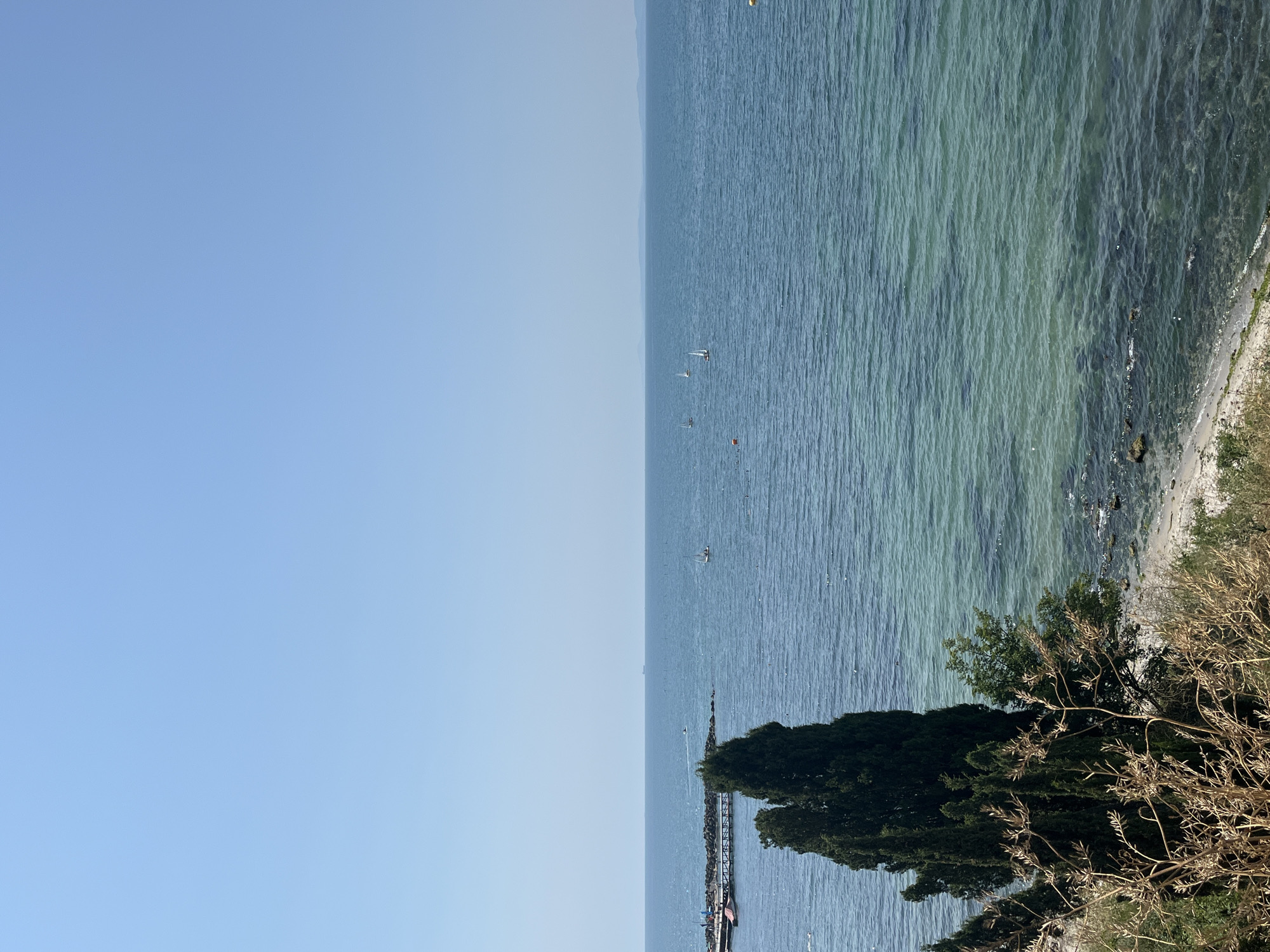 A serene view of the Black Sea coastline in Nesebar, Bulgaria, is captured on a clear, sunny day. The deep blue water stretches to the horizon, meeting a pale blue sky with no visible clouds. Several small sailboats dot the seascape, their white sails contrasting with the vast expanse of water.
In the foreground, on the left side of the image, a rocky pier extends into the sea. A red structure, possibly a small boat or pontoon, is moored near the pier. Lush green cypress trees stand tall on the elevated embankment, their dark foliage a stark contrast to the surrounding dry, golden shrubbery. The shoreline below features a mix of sand and pebbles, with some scattered rocks. The water close to the shore is remarkably clear, revealing the rocky seabed beneath. In the distance, a faint line of landmass suggests the presence of other coastal areas or islands. The overall impression is one of tranquility and natural beauty, characteristic of the Bulgarian Black Sea coast.