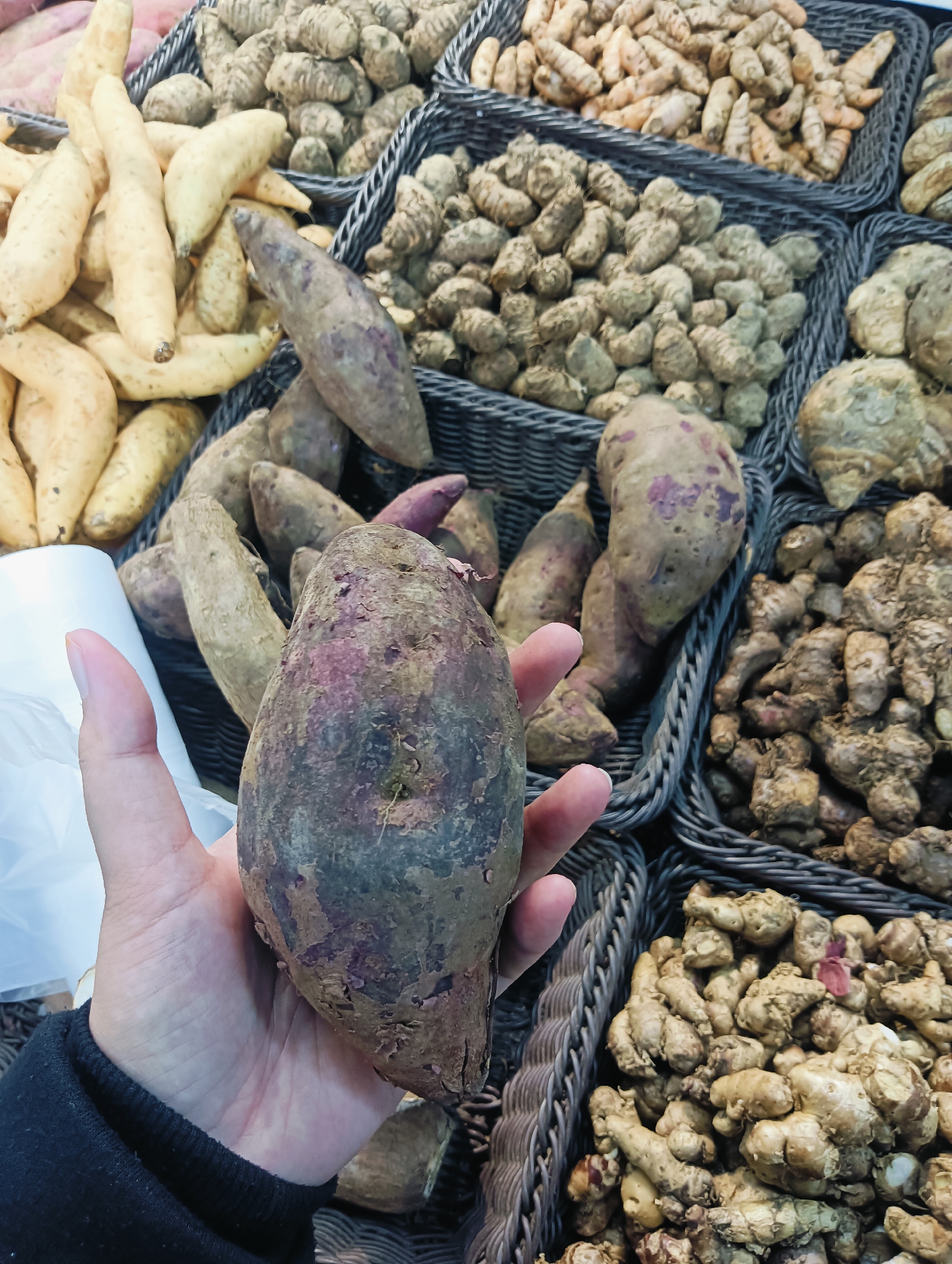 A hand holds a large, dark purple sweet potato in the foreground. Behind the hand, several baskets are visible, filled with various root vegetables and tubers. To the left, a basket contains pale yellow sweet potatoes. In the center and right, baskets display what appear to be ginger or turmeric roots, characterized by their irregular shapes and brown, textured skin. The overall setting suggests a market or grocery store produce section. This image was taken at the BCS Mall in Batam, Indonesia.