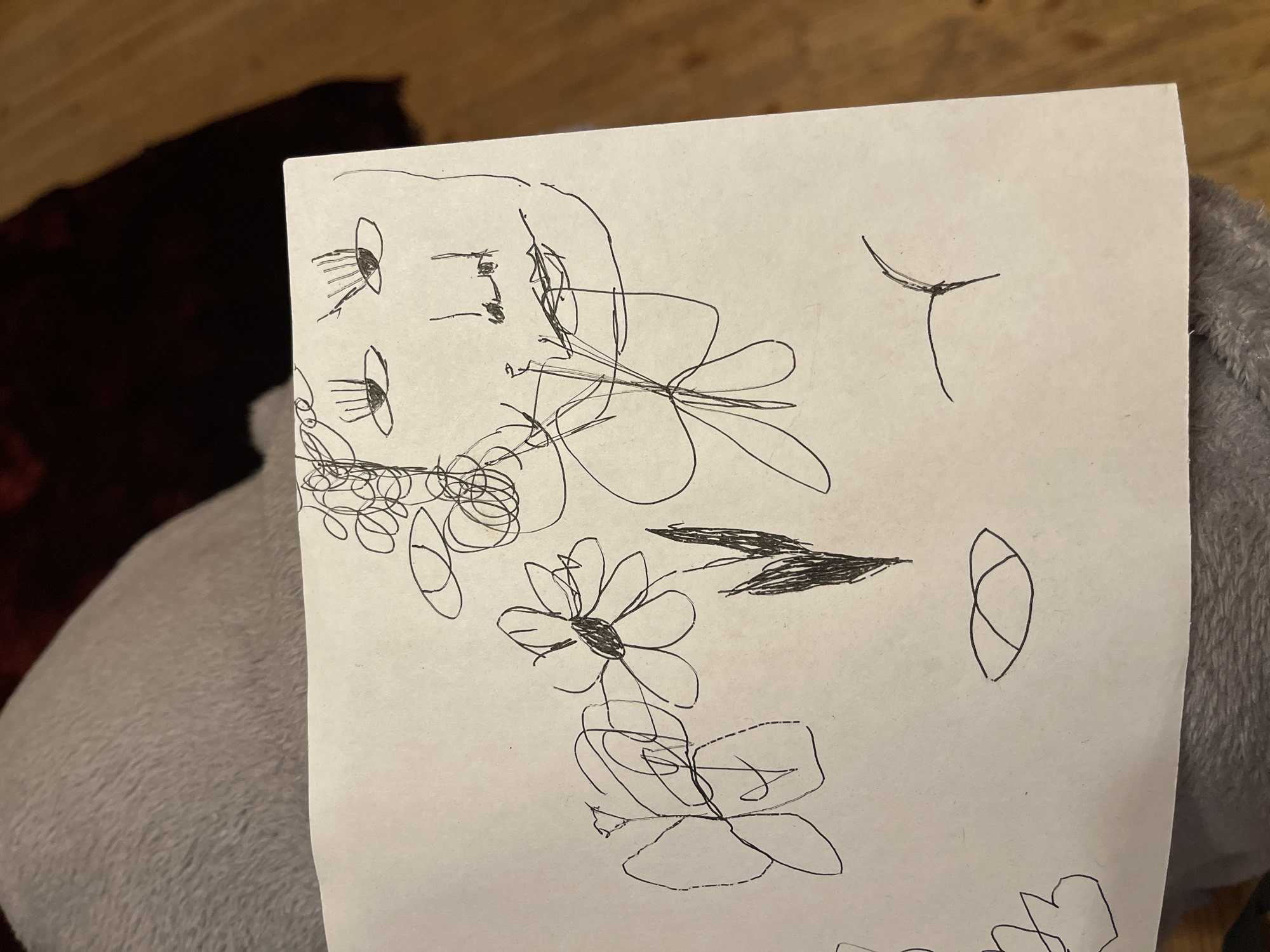 A white sheet of paper filled with various black pen drawings is depicted, resting on a textured light gray surface, possibly a blanket or clothing, with a blurred dark background that appears to be wood or a dark fabric. The paper is seen from a slightly elevated, angled perspective.
The drawings are informal and appear to be doodles. Notable elements include:
- Two stylized sets of eyes with long eyelashes in the upper left corner.
- A profile sketch of a face, showing a nose and mouth, located slightly above the center-left.
- A prominent drawing of a flower with multiple petals and a dark center, situated in the bottom-center, with leafy stem-like shapes extending downwards.
- A shaded, feathered or bristly shape horizontally oriented to the right of the flower.
- An elongated oval shape with an internal diagonal line, resembling a twisted loop, in the middle-right.
- A "Y"-shaped drawing with some shading at its junction in the upper right.
- Numerous abstract lines, interconnected loops, and scribbles are scattered throughout the paper.
No specific activity or event is explicitly shown beyond the act of drawing. The setting appears to be indoors, potentially in Malakhovka, Russia, given the context. There are no visible texts, and the time of day or weather conditions cannot be determined from the image. The overall impression is one of casual sketching.
