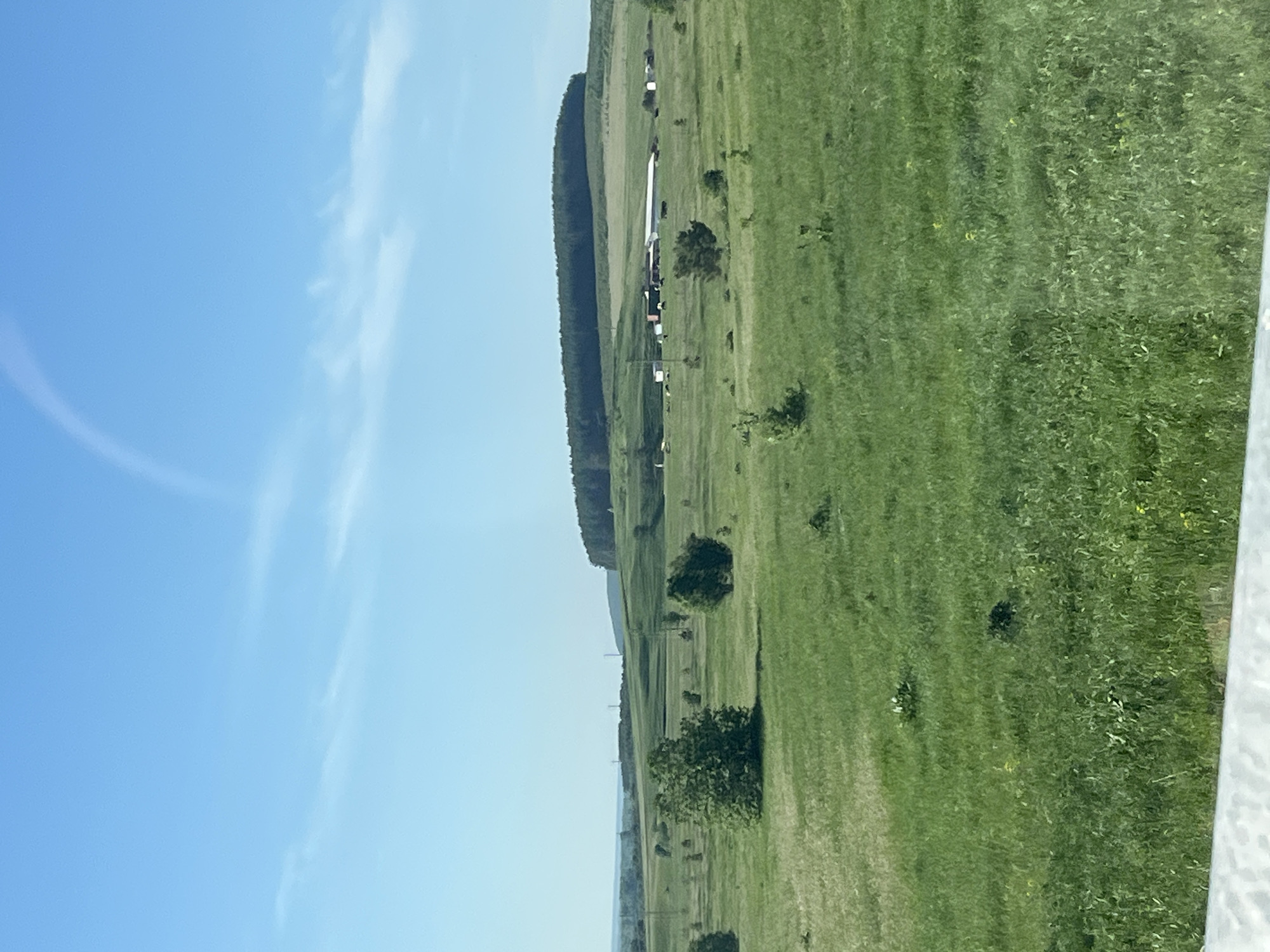 The image depicts a rural scene in Тарасово, Russia. It shows a field of green grass under a blue sky with some wispy clouds. A line of trees runs along the edge of the field. A structure is visible in the distance, seemingly a glider. Power lines run along the field. There are some small trees scattered in the field.