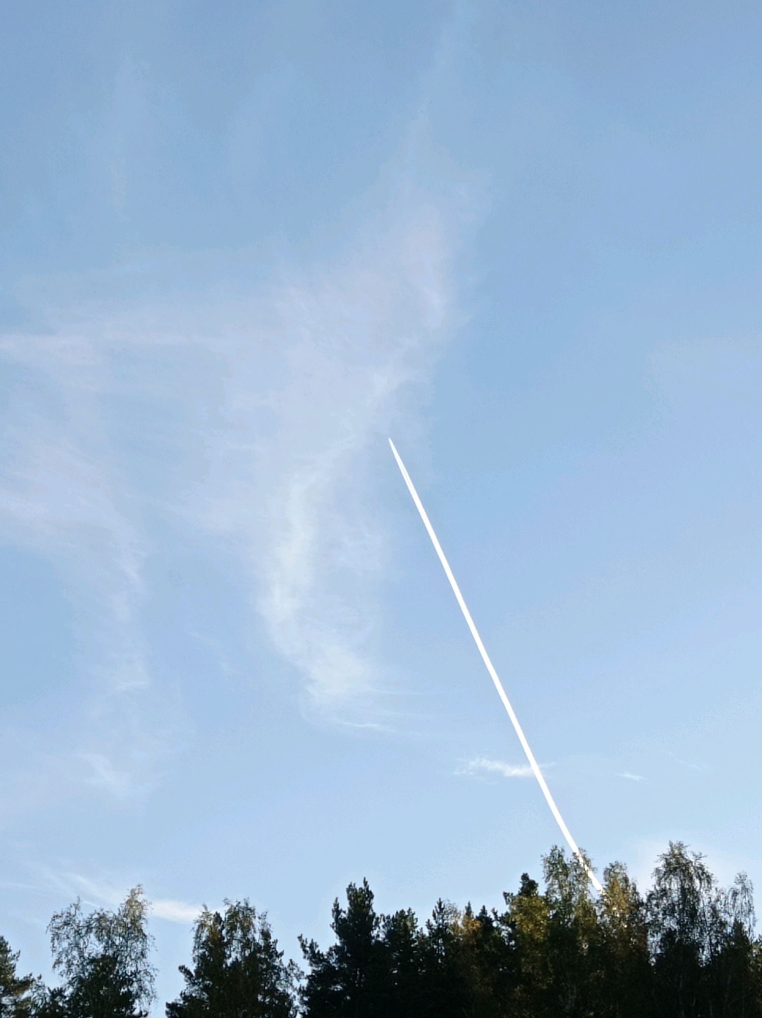 The image shows a clear blue sky with wispy clouds. A thin white contrail stretches diagonally across the sky from the upper right to the lower left. Below the sky is a dense line of dark green trees, silhouetted against the sky. The trees appear to be pine and birch trees. The scene is peaceful and natural, with no signs of human activity or urban development. The location is not identifiable as Degtyarsk, Russia, or any other specific city.