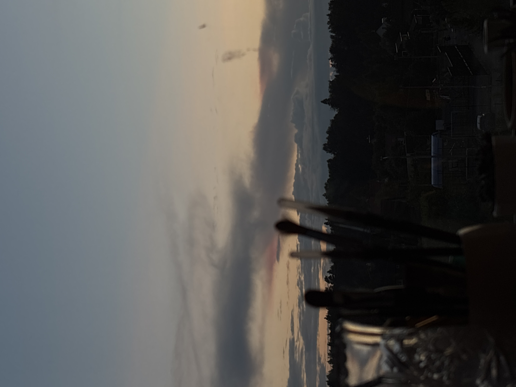 The image captures a serene twilight scene in the village of Domotdykha Pleskovo, Russia. In the foreground, out of focus, are a collection of paintbrushes resting in a holder, with a blurry glass container to the left. Beyond them, a dark silhouette of dense trees forms a horizon line against a sky painted with soft hues of blue, gray, and orange. Subtle pink and red tones appear within the layered clouds, suggesting the last remnants of sunset. Faintly visible in the distance is a plume of smoke rising into the sky, and hints of scattered houses and structures can be discerned amidst the trees. The overall atmosphere is calm and contemplative, evoking the end of a day in a rural setting.