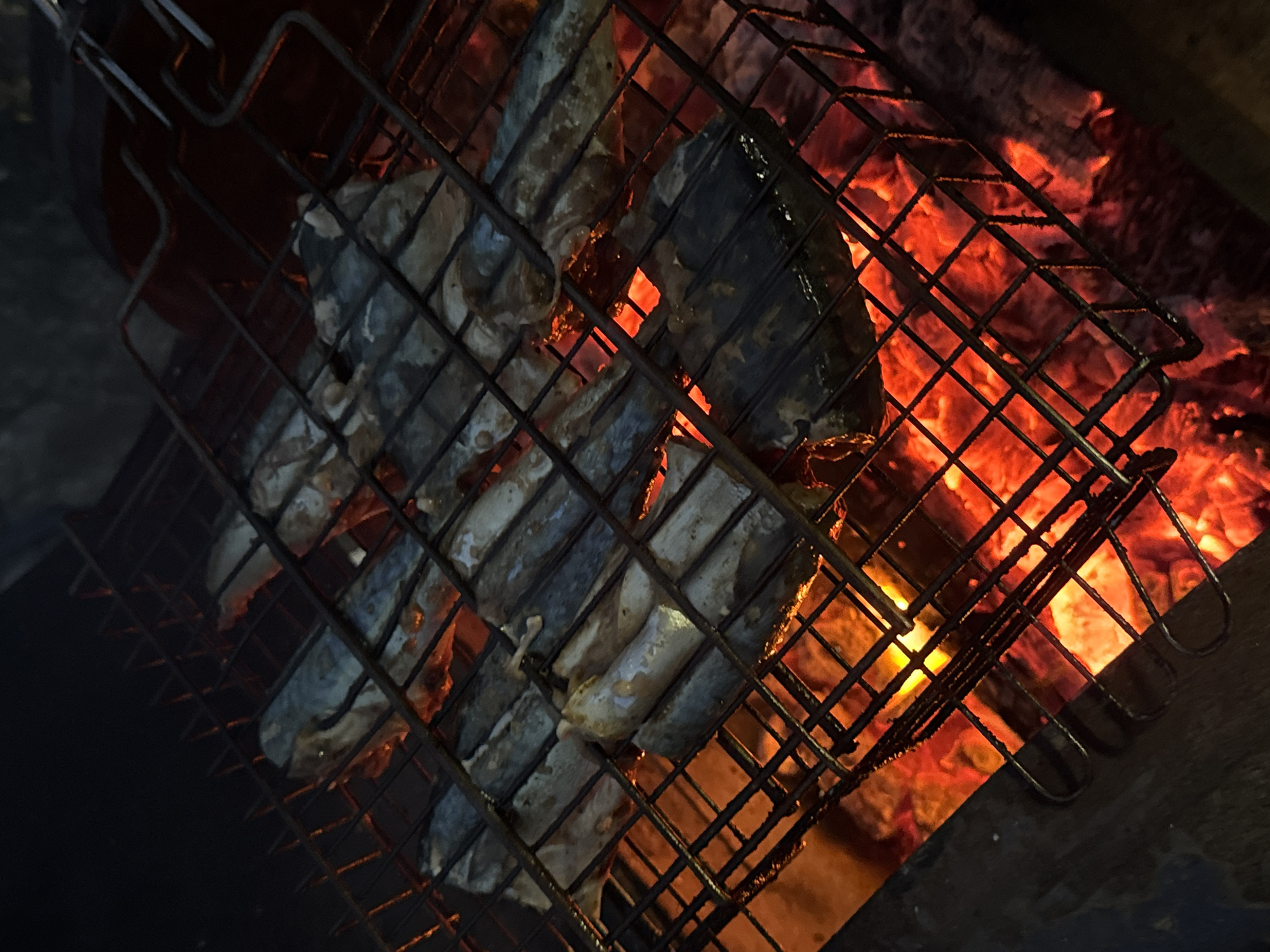The image shows pieces of fish being grilled over an open fire, presumably in Chaikovsky, Russia. The fish is held in a wire grilling basket positioned directly above the flames. The fire is intense, with bright red and orange embers visible. The surrounding environment is dark.
