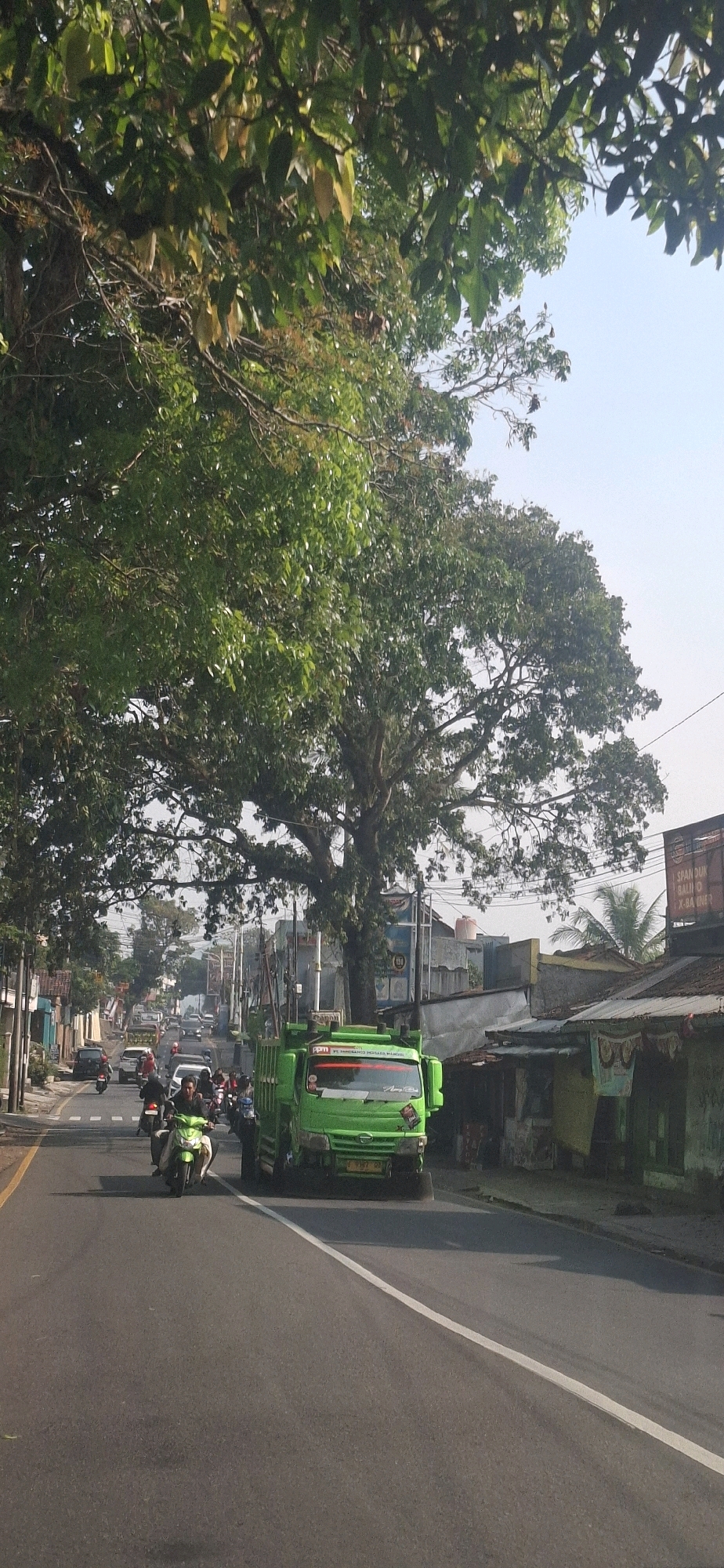 The image depicts a street scene in Cilaku, Indonesia, characterized by a two-lane asphalt road with a white dividing line. Lush green trees with broad leaves overhang the road from the left and center, casting dappled shadows. On the right side of the road, a row of modest buildings with corrugated roofs and weathered facades suggests a commercial or residential area.
In the foreground, a bright green truck is parked on the right lane, its front end facing the viewer. The truck has the license plate "F 9167 GB" and some text on its windshield, including "PPM YE TAREKTTO MERDADA MAKMUR". To the left of the truck, several motorcycles are in motion. One motorcycle, driven by a person wearing a dark shirt and helmet, is prominently positioned in the left lane, moving towards the viewer. Another motorcycle is to its right, also in motion. Further down the road, other vehicles, including cars and more motorcycles, are visible, indicating moderate traffic.
The overall atmosphere is that of a typical day in a bustling Indonesian town, with sunlight illuminating the scene and a clear, pale sky overhead. The presence of vegetation and the architecture of the buildings point to a tropical or subtropical environment.