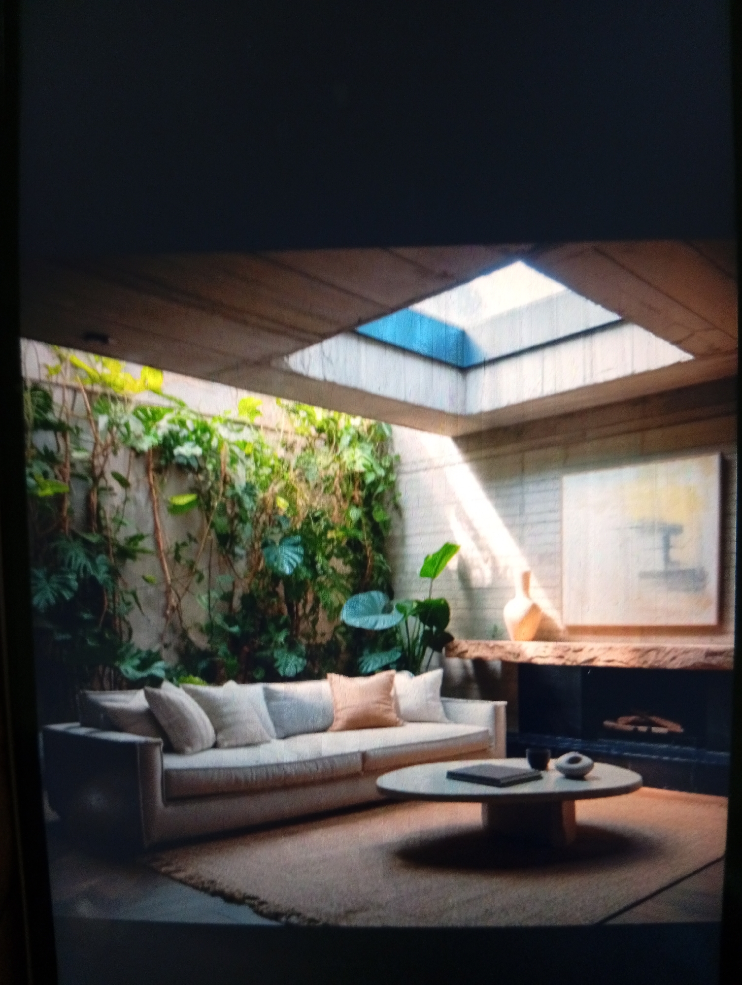The image shows a well-lit interior space, featuring a living room design. A light-colored sofa with several pillows is positioned facing a round coffee table with a book and decorative items. Behind the sofa, a wall covered in lush green plants adds a natural element. The room is illuminated by a square skylight. To the right, a fireplace with a natural wood mantel and an artwork above it are visible. The floor is covered with a light-colored rug. No people are present in the image. There is no indication that the location is Dutsen Alhaji, Nigeria.