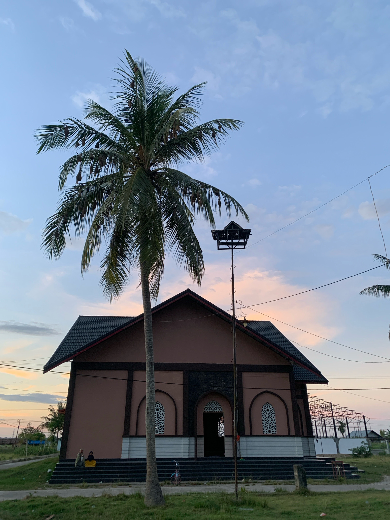 In Palohawe, Indonesia, a brown building resembling a mosque stands under a pale blue sky with wisps of pink and orange clouds, indicating dusk. A tall coconut palm tree with numerous bird nests hangs prominently in front of the building, its fronds reaching towards the sky. A metal pole with a speaker system is situated to the right of the palm tree. The building has a dark, angular roof and arched windows with intricate white latticework. Two individuals are seated on the dark steps leading up to the building's entrance. A bicycle is parked on the grass to the right of the steps. The surrounding environment appears to be a grassy area with some vegetation and construction framing visible in the distance. Power lines are strung across the sky.
