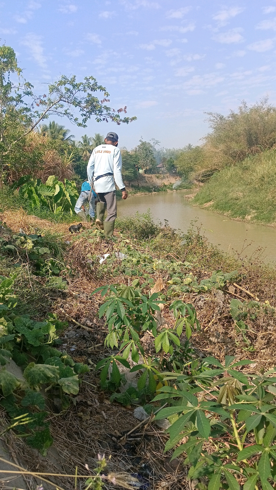 In a rural or semi-rural setting, under a bright, partly cloudy sky, two individuals are seen near a narrow, murky river. The person in the foreground, facing away from the camera, wears a light blue long-sleeved shirt with the text "LEILI 2000" visible on the back, dark pants, and green rubber boots. They have a dark baseball cap on. Behind this individual and to the left, another person, partially visible, also wears a blue shirt and pants, with green rubber boots. A small black object, possibly a chicken or a small animal, is located on the ground between the two people. The riverbank is overgrown with lush, green vegetation, including large leafy plants and dry grasses. In the distance, across the river, more vegetation and some scattered structures are visible. The overall scene suggests an outdoor activity, possibly related to agriculture or environmental work, taking place in a natural setting. This image does not contain enough information to determine its location in Central Jakarta, Indonesia.