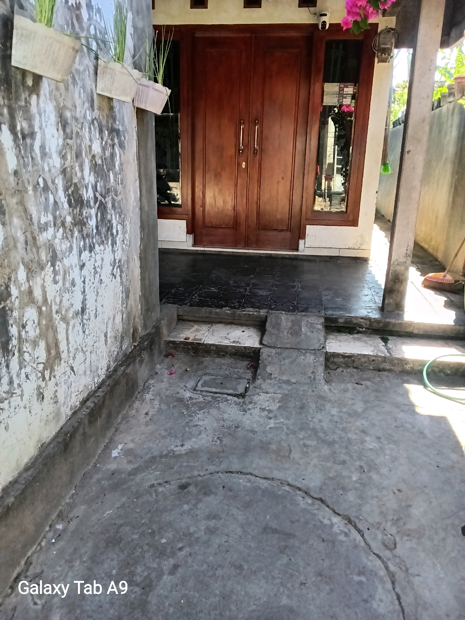 A concrete pathway leads to a wooden double door with a small glass pane. The pathway is uneven and cracked in places, with a slight incline. To the left, a weathered concrete wall with peeling paint is visible, with three planters mounted on it, each containing thin green plants. To the right, a concrete pillar supports an overhang. A broom with a pink head and a green hose are on the right side of the pathway. The scene appears to be an exterior residential entrance in Kelutan, Indonesia.