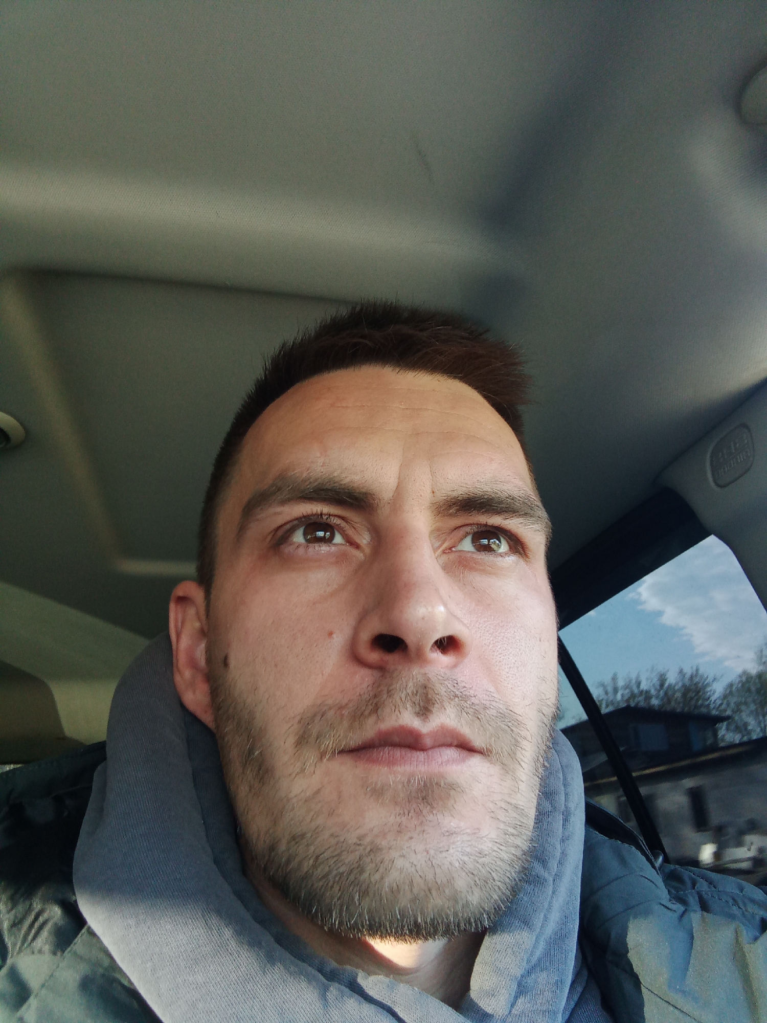 A man with short brown hair and a beard sits in a car, looking upward and to the right. He is wearing a gray hoodie and a dark jacket. The car's interior is gray, and an airbag indicator is visible on the passenger side. Outside the window, trees and a building can be seen, with a cloudy sky overhead. Based on the geolocation, the location is Chaikovsky, Russia.