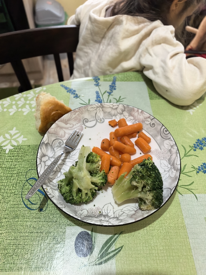 This image depicts an indoor scene in Tarnava, Bulgaria, focused on a meal setup. In the foreground, a round white plate with a dark rim and grey floral or leafy patterns holds a portion of cooked vegetables: several steamed or boiled baby carrots and multiple florets of steamed or boiled broccoli, some showing a lighter, possibly cheesy or creamy coating. A silver-colored metal fork rests on the left side of the plate, with its tines facing towards the vegetables. To the left of the plate, a triangular piece of lightly browned bread with a visible crust stands upright on the table. The table is covered with a green and white checkered tablecloth featuring light blue lavender-like floral patterns and darker green olive leaf designs.
In the midground, a person with long, dark hair is seated at the table, facing away from the camera. They are wearing a light-colored, possibly off-white or cream-colored, long-sleeved garment that appears loose-fitting. Their upper back and head are visible, with their head slightly lowered. To the left of the person, part of a dark brown wooden chair back is visible. The background consists of a light-colored wall, and a grey plastic appliance, possibly a humidifier or air purifier, is partially visible on a surface further back.
