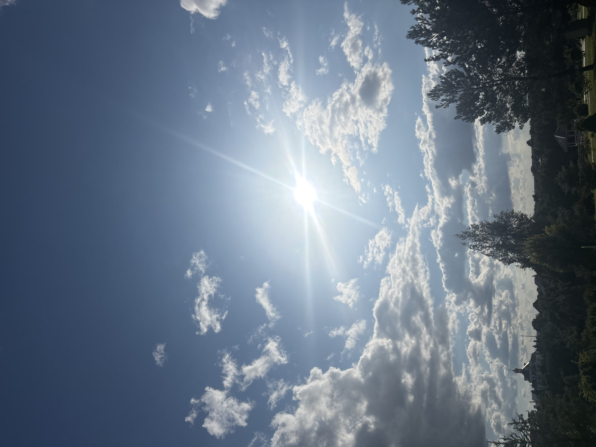 This is a landscape-oriented photograph of a bright, sunny sky with scattered white clouds. The sun is prominently visible, casting a strong glare and sunbeams that fan out across the sky. The sky is a vibrant blue, transitioning to a lighter shade near the sun.
On the right side of the image, a line of trees and foliage is visible, silhouetted against the bright sky. Beyond the trees, there are hints of buildings and structures, suggesting a developed area, possibly a town or residential neighborhood. The orientation of the trees and the horizon line indicate that the photograph was taken outdoors, likely during the daytime.
The overall mood of the image is bright and cheerful, evoked by the sunny weather and clear blue sky. There are no people or distinct objects in the foreground, with the focus being on the natural elements of the sky and the distant landscape. The time of day appears to be late morning or early afternoon, given the intensity of the sunlight.
No visible text is present in the image. The location context provided is Kapyĺ, Belarus.