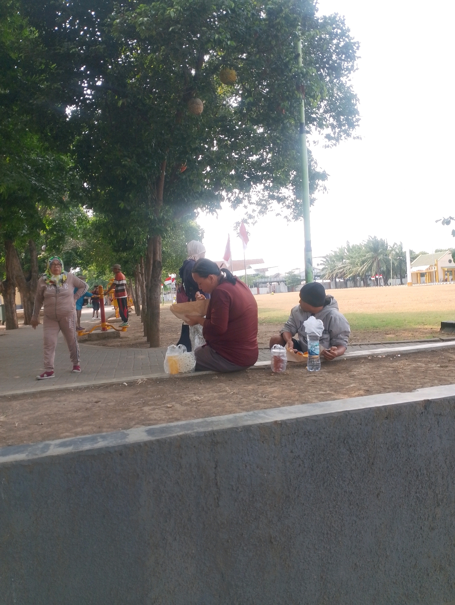 In Probolinggo, Indonesia, a group of people are gathered in an outdoor park. On the left, a woman in a light brown tracksuit with black stripes and a headscarf stands on a paved walkway, facing left with her hands on her hips. Behind her, several trees line the path, and in the distance, a man is using outdoor exercise equipment. In the foreground on the right, a woman in a maroon shirt sits on the ground, holding a woven bowl and eating. Next to her is a white plastic bag. A young person in a grey hooded sweatshirt also sits on the ground, holding food and a bottle of water. The park features a grassy area, more trees, and buildings in the background. Two Indonesian flags are visible, one red and white, and another smaller one. The sky is bright and hazy.