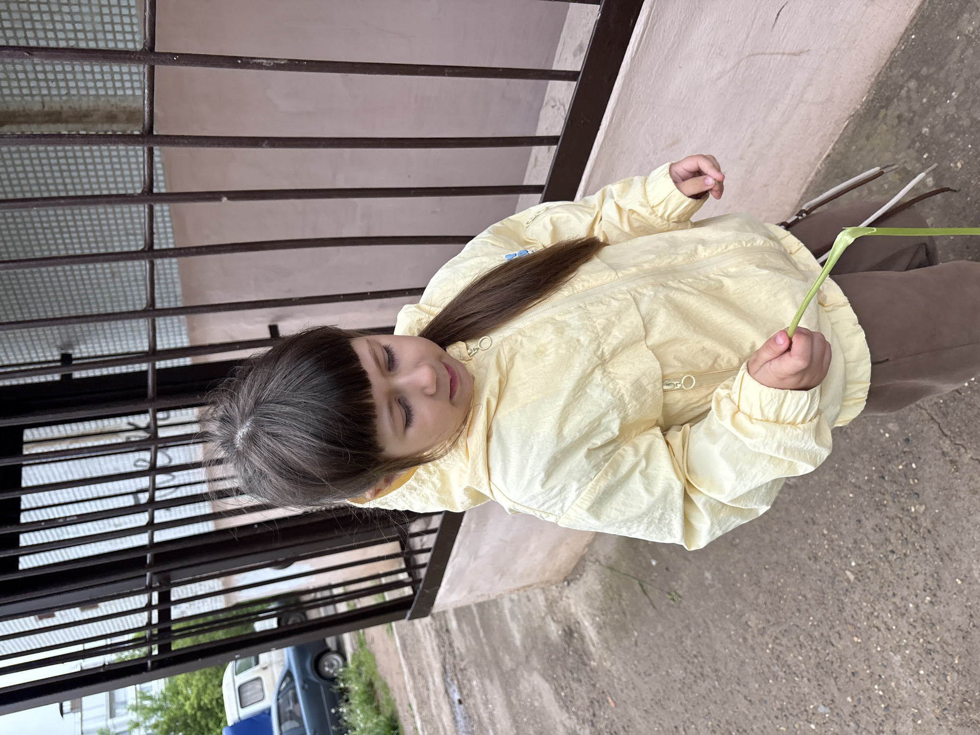 A girl stands outdoors in Chaikovsky, Russia, next to a metal fence and a light pink or beige wall. She wears a pale yellow jacket and brown pants. She holds a green stem with one hand and touches it with the other. A vehicle is partially visible behind the fence, along with some greenery. The ground is concrete.
