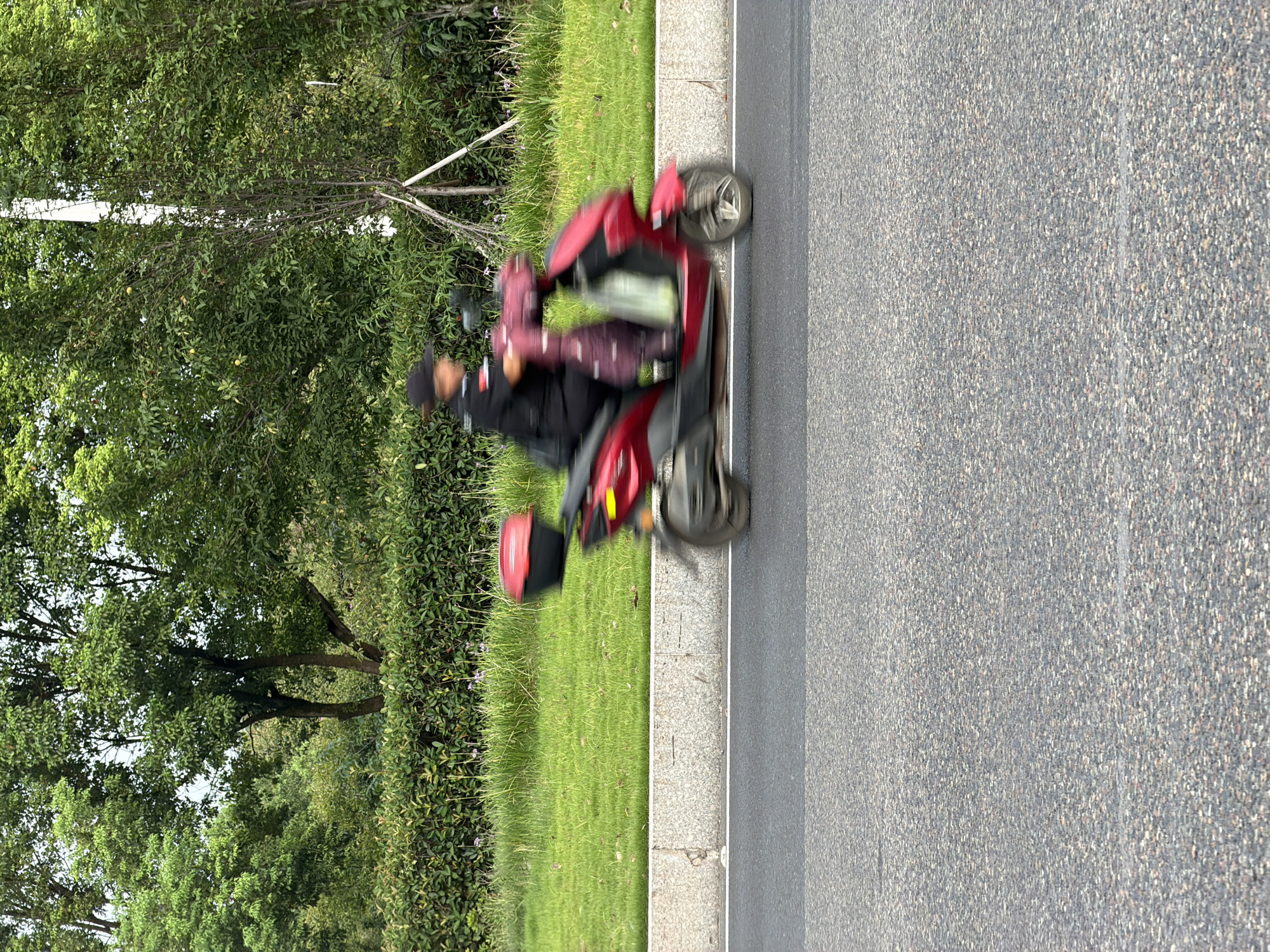 A person in a dark uniform and hat rides a red scooter with a red storage box on the back. The scooter is moving from left to right across a paved road, with motion blur indicating movement. The scooter has a patterned fabric attached to the front. To the right of the scooter, there is a grassy verge and a line of green bushes, beyond which are trees. A light-colored curb separates the road from the verge. The image appears to be taken in Jiangjin District, Chongqing, China, based on the surrounding greenery and style of the scooter.