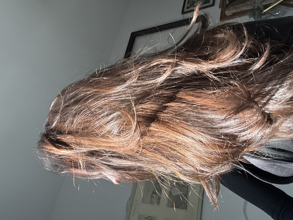 The scene is an indoor setting within Tel-Aviv, Israel. The primary subject is a person, viewed from the upper back and right side of their head, with long, layered, medium-brown hair exhibiting prominent reddish-gold highlights due to direct sunlight. The hair appears somewhat voluminous and parted, with strands visibly illuminated. A small portion of the person's face, specifically the bridge of the nose and the side of the forehead, is visible on the far left, indicating they are looking towards the left. The person is wearing a dark, possibly black, long-sleeved top or jacket, with a visible zipper pull on what appears to be an underlying dark garment.
The background consists of light-colored walls. On the left side, a framed artwork or map is partially visible, with the word "FIRENZE" discernible at its upper left corner, suggesting a depiction of Florence. On the right, two additional dark-framed objects are visible against the wall; a larger rectangular frame in the upper right and a smaller, possibly more ornate frame below it, with indistinct contents. The lighting suggests natural light, likely sunlight, entering from an unseen source, strongly illuminating the subject's hair.
