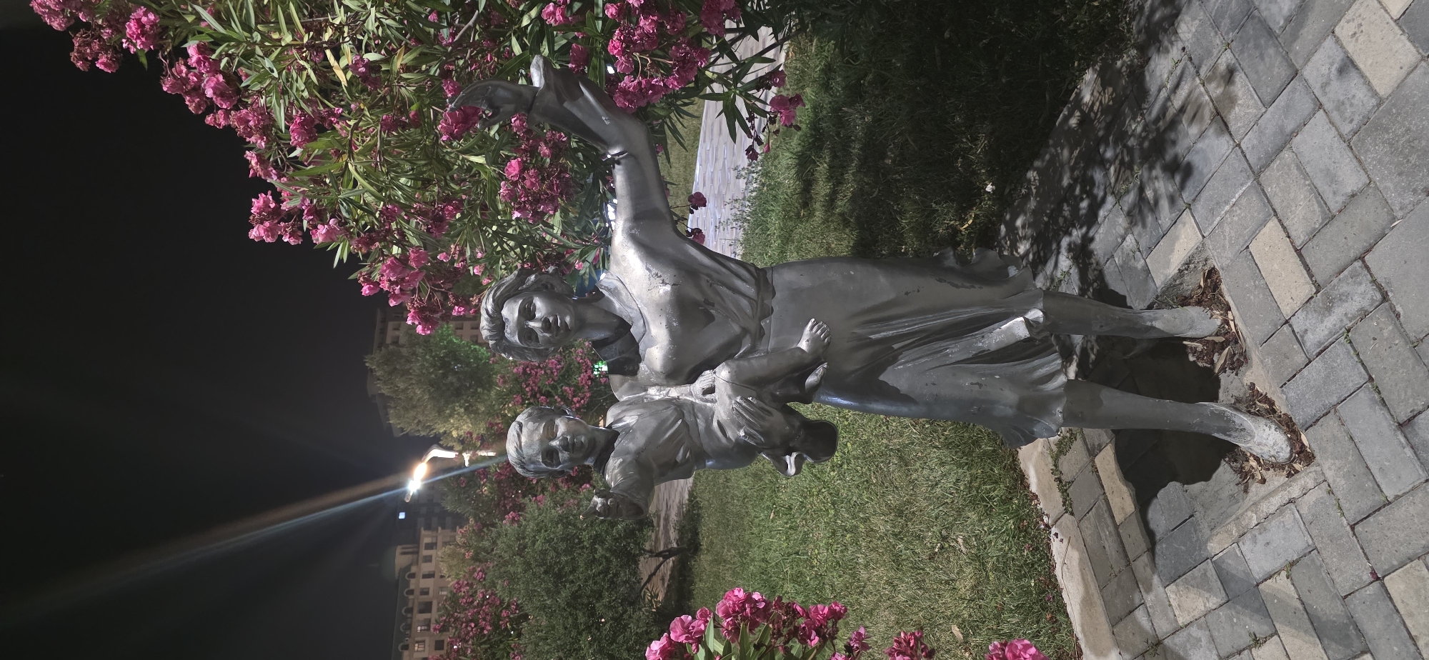 A silver-toned statue of a woman holding a child is situated in an outdoor park at night. The woman is depicted with her left arm raised, while the child is held in her right arm, pointing forward with their left hand. Both figures appear to be made of metal and are positioned on a paved walkway. The background features a dark sky illuminated by a street lamp, with buildings and trees visible in the distance. Pink flowers bloom on bushes surrounding the statue, and grass covers the ground. This scene is located in Heydar Aliyev Park in Sumgayit, Azerbaijan.