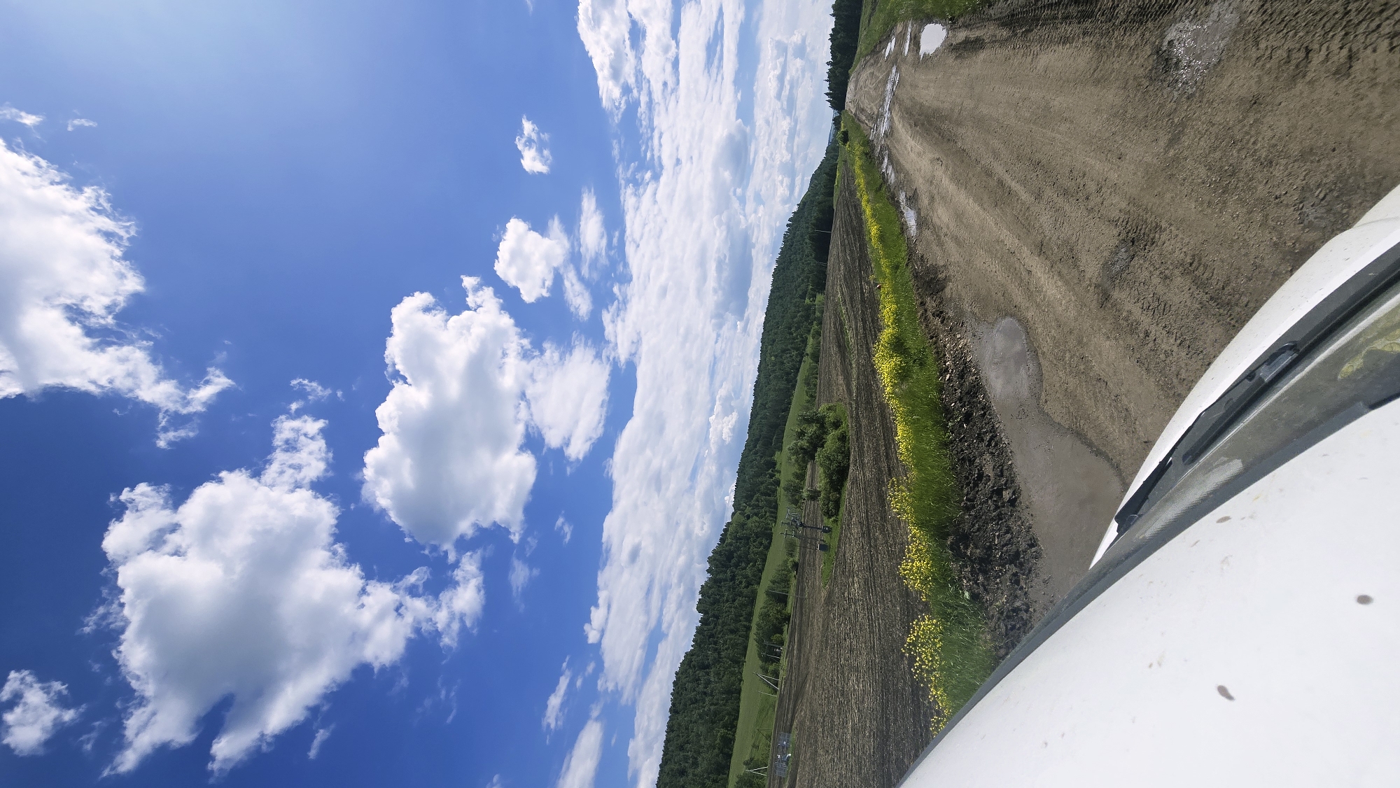 The image depicts a scenic rural landscape under a bright blue sky with scattered white clouds. A dirt road, marked with tire tracks and puddles from recent rain, curves into the distance. To the left of the road, a field of dark soil is bordered by a strip of vibrant yellow wildflowers and green grass. Beyond the field, a rolling, tree-covered hill forms the background, with hints of a power line structure visible in the mid-ground. The foreground is dominated by the edge of a white vehicle, suggesting the photo was taken from its interior. The overall impression is of a tranquil, natural environment.