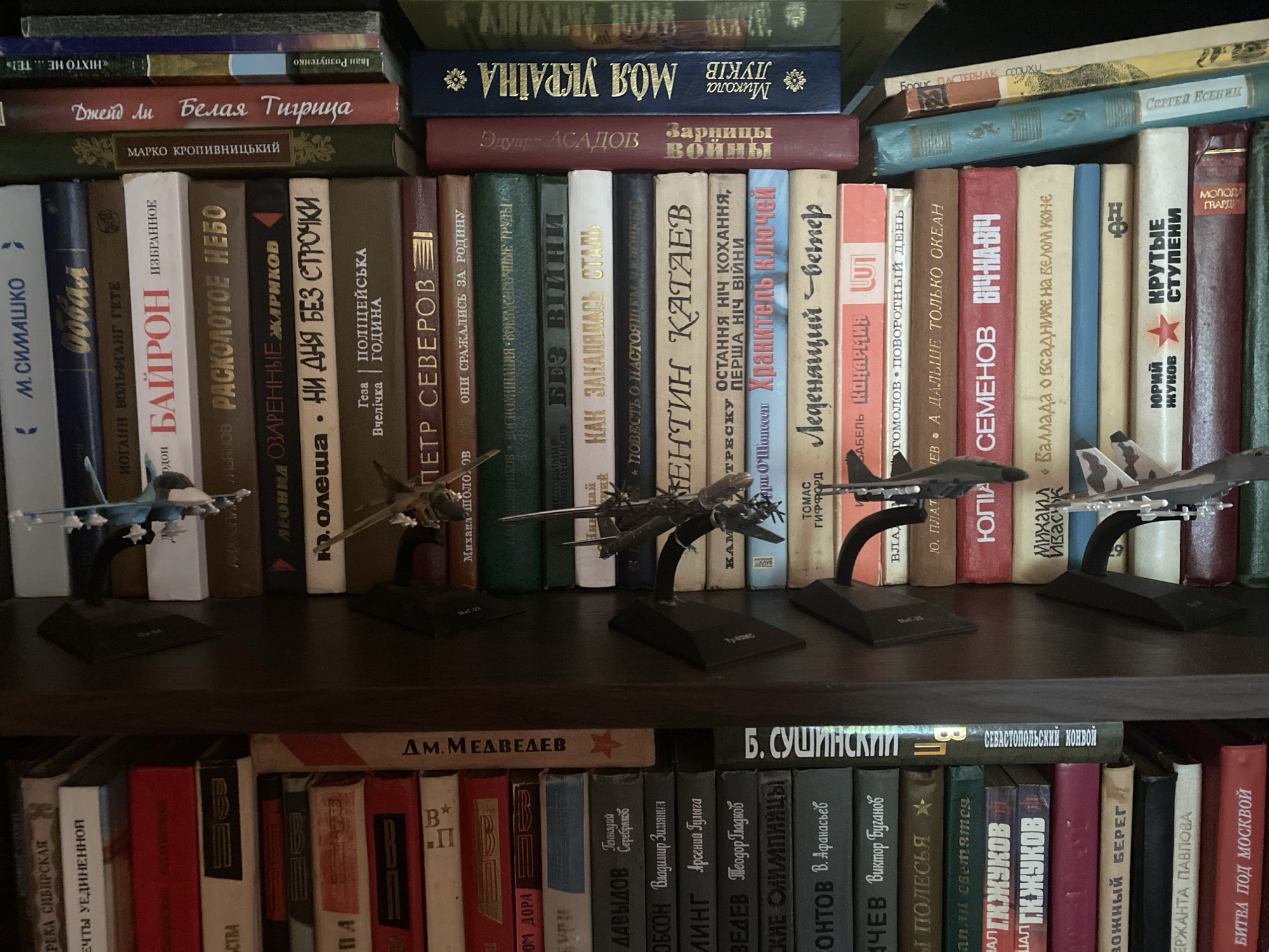 This is a close-up, eye-level shot of two shelves of books and model airplanes. The lighting is even and the focus is sharp. The shelves appear to be made of dark wood.
The top shelf contains various books, mostly with colorful spines. On the left side of the top shelf, several model airplanes are displayed on stands in front of some of the books. The airplanes are detailed and appear to be fighter jets.
The bottom shelf also contains many books, some of which have lighter-colored spines. The titles and authors of the books are visible but not fully legible in all cases.
The overall scene suggests a collection of books and hobby items, possibly in a home library or a hobby shop. The specific location is not discernable from the image.