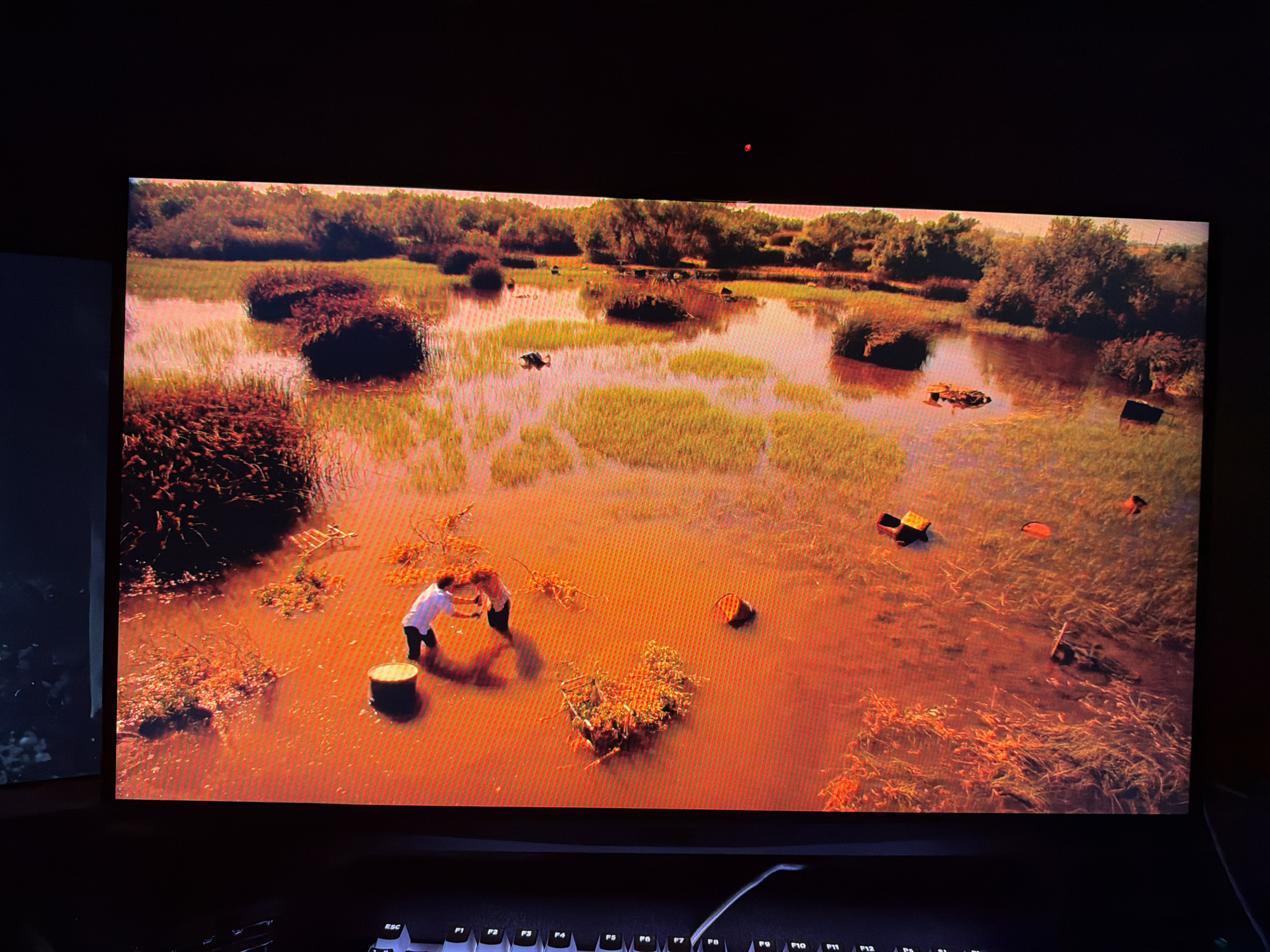 An aerial shot shows a flooded landscape with vegetation and scattered debris. Two individuals in white shirts and dark pants are standing in shallow water, one appearing to be carrying a piece of debris. In the background, a line of trees is visible. The water is murky and has a reddish-brown hue. Several orange and yellow objects, possibly containers or buoys, are floating in the water. The scene suggests a natural disaster or an area affected by flooding.