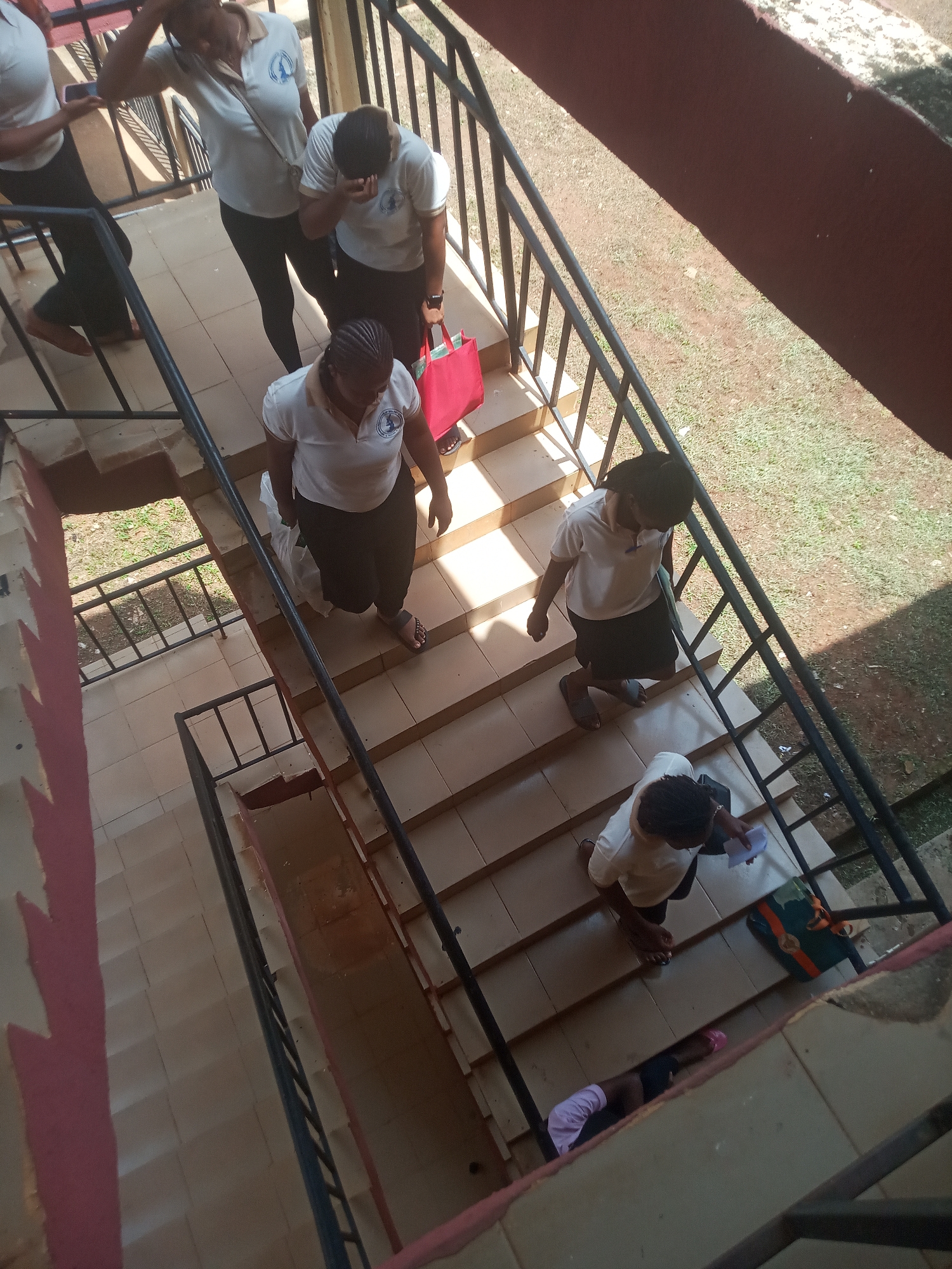 This high-angle shot depicts at least seven individuals, primarily women, moving along an outdoor staircase within a building in Nkwelle, Nigeria. Most of the people are dressed in matching light-colored polo shirts, likely white or cream, featuring a circular blue logo on the left chest area, paired with dark trousers or skirts/shorts. Many are wearing sandals or flip-flops.
The tiled staircase is a light brown or beige, with black metal railings running along its sides. Strong sunlight illuminates the scene, creating distinct shadows on the steps and the surrounding surfaces, indicating a clear, bright day. The individuals appear to be in various stages of ascending and descending the stairs.
Notable objects include a vibrant red tote bag carried by one person near the top of the stairs, a white plastic bag held by another descending, and a dark green bag resting on a lower step. Architectural details include a plain reddish-brown wall visible on the right side of the frame and a wall on the left adorned with a striking red or pink zigzag pattern. Beyond the railings, patches of dry grass and bare earth are visible on the ground level. The activity suggests casual movement between different levels of a building, possibly an educational or institutional setting given the uniform attire. No discernible text is visible on the clothing logos or elsewhere.