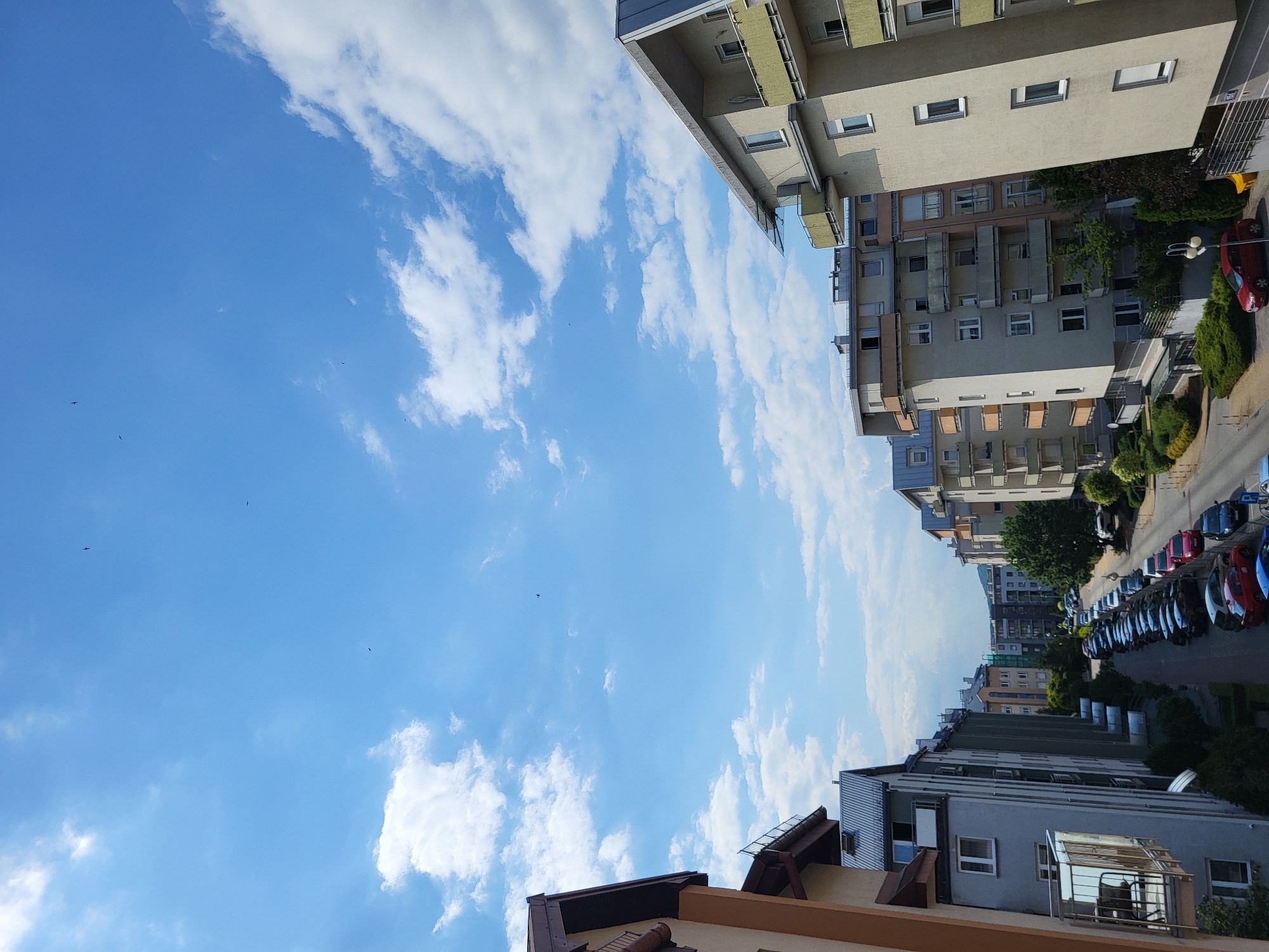 The image shows a view looking down a street lined with apartment buildings on both sides under a bright blue sky with scattered white clouds. There are several birds visible in the sky, appearing as small dark specks. The street is filled with parked cars of various colors. The buildings are multi-story structures with balconies and windows. Vegetation, including trees and bushes, is present along the street and around the buildings. The scene depicts an urban residential area.