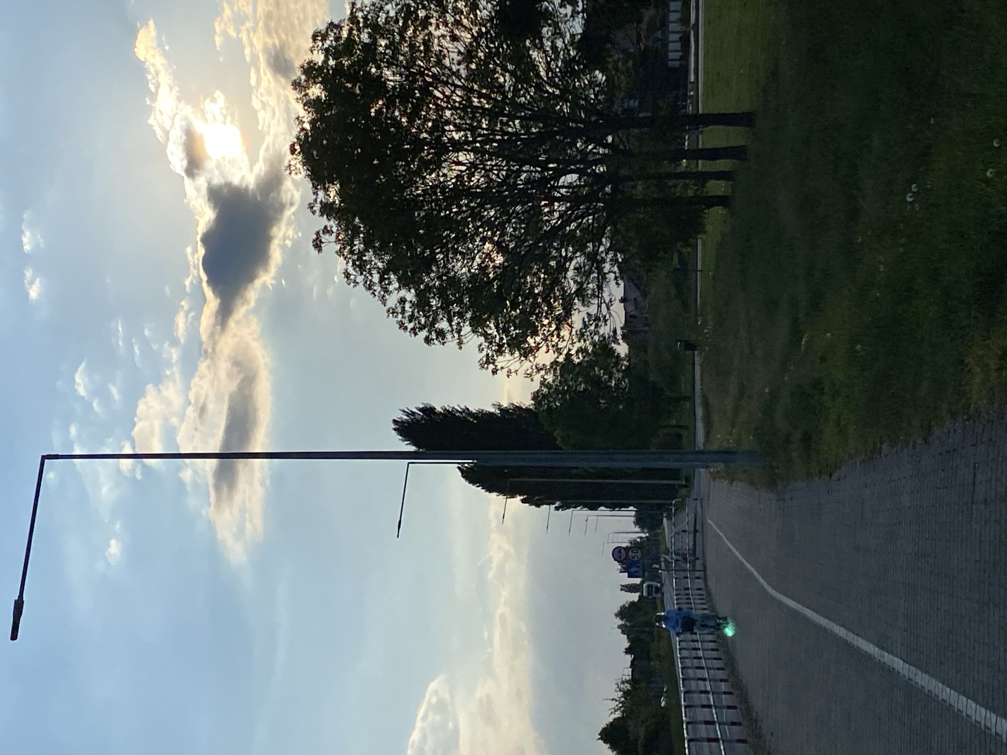 The image shows a road in Buk, Poland, lined with trees and streetlights. The road has a bike path with a person riding a scooter with green lights. A grassy area is adjacent to the trees. The sky is partly cloudy with the sun partially visible. A building is visible in the background.
