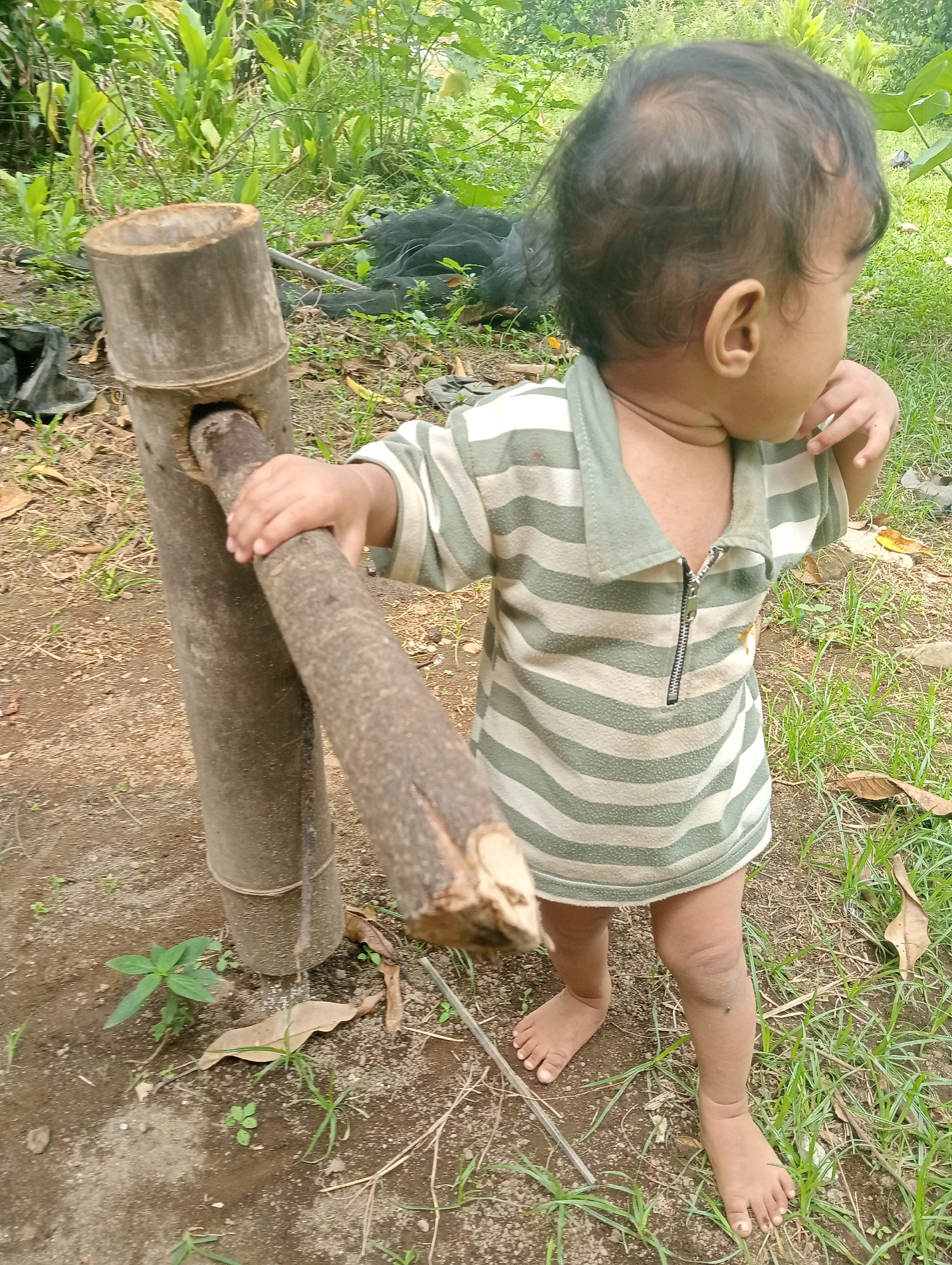 A young child, appearing to be around one to two years old, is standing outdoors in what appears to be a rural setting. The child is wearing a short-sleeved t-shirt with horizontal green and white stripes and a zippered neckline. The child's head is turned to the right, away from the camera, with one hand touching the right side of their face. The child is standing with bare feet on a dirt and grass ground. In front of the child, to the left, is a section of hollowed-out bamboo, approximately waist-high to the child, standing vertically. A thick, rough wooden stick is being held by the child, with one end inserted into the opening of the bamboo. The background consists of dense green foliage and vegetation. The ground is a mix of brown soil, dry leaves, and green grass. The scene is consistent with a backyard or undeveloped area in Campago Barat, Indonesia.